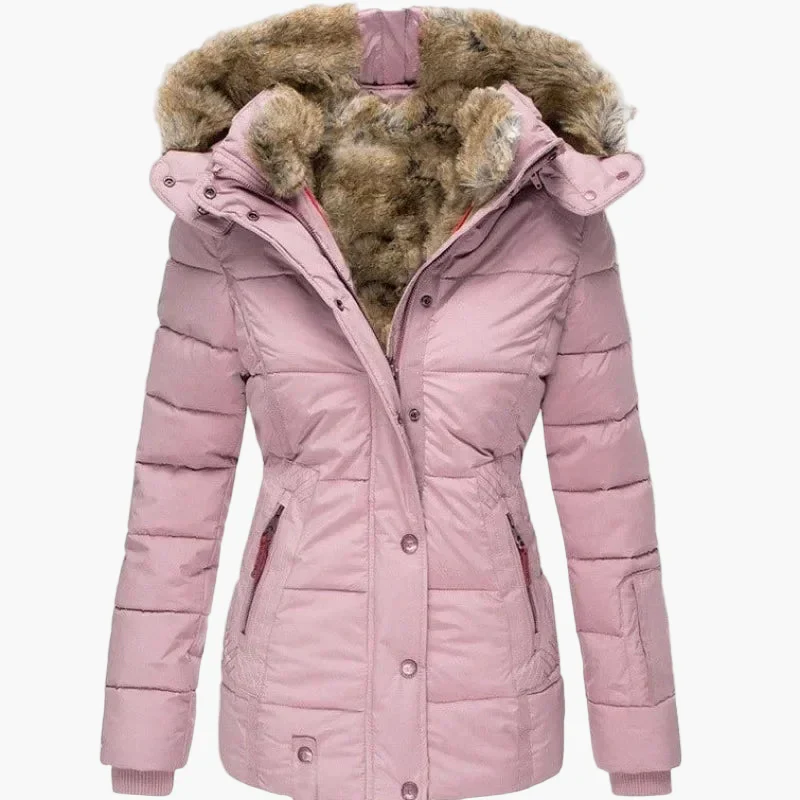 Manteau d'hiver femme à capuche style urbain élégant, coupe cintrée, col fourrure et fermeture zippée - Image 3