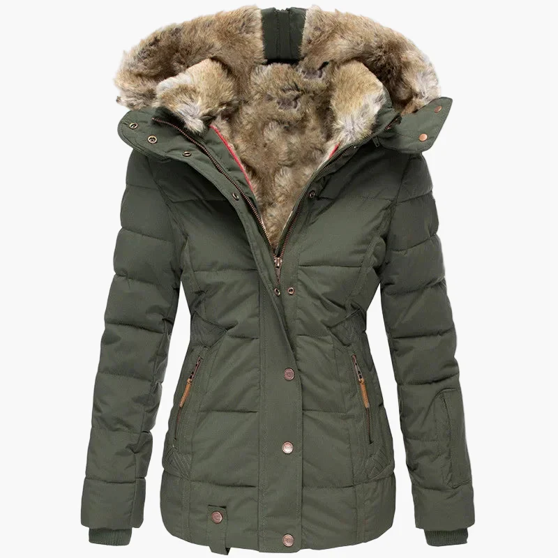 Manteau d'hiver femme à capuche style urbain élégant, coupe cintrée, col fourrure et fermeture zippée - Image 4