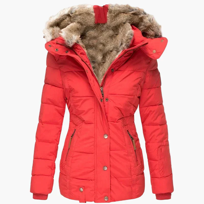 Manteau d'hiver femme à capuche style urbain élégant, coupe cintrée, col fourrure et fermeture zippée - Image 6