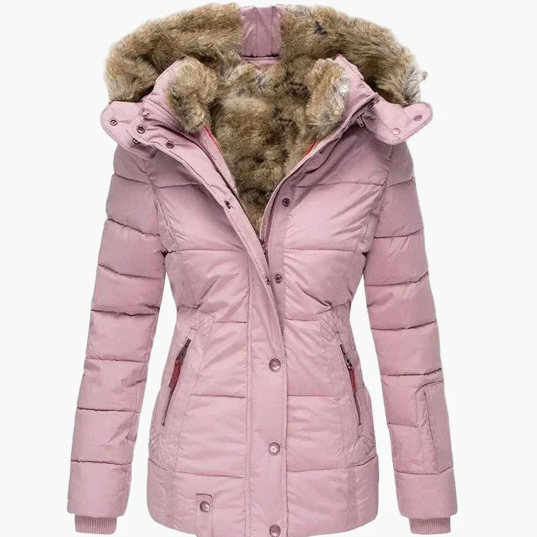 Manteau d'hiver femme à capuche style urbain élégant, coupe cintrée, col fourrure et fermeture zippée - Image 7