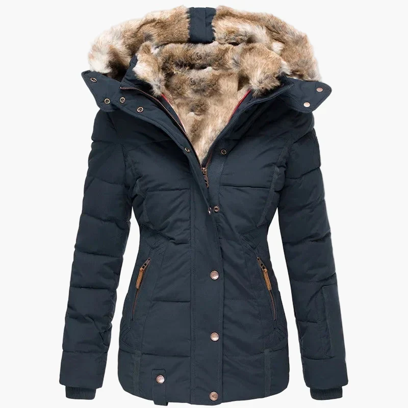 Manteau d'hiver femme à capuche style urbain élégant, coupe cintrée, col fourrure et fermeture zippée - Image 8