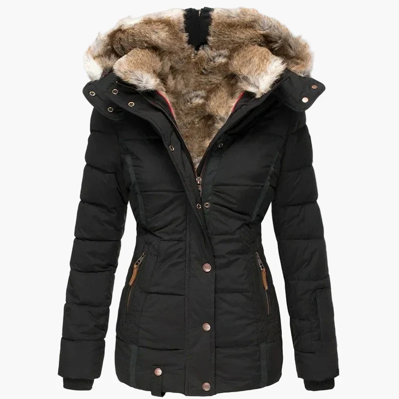Manteau d'hiver femme à capuche style urbain élégant, coupe cintrée, col fourrure et fermeture zippée - Image 9
