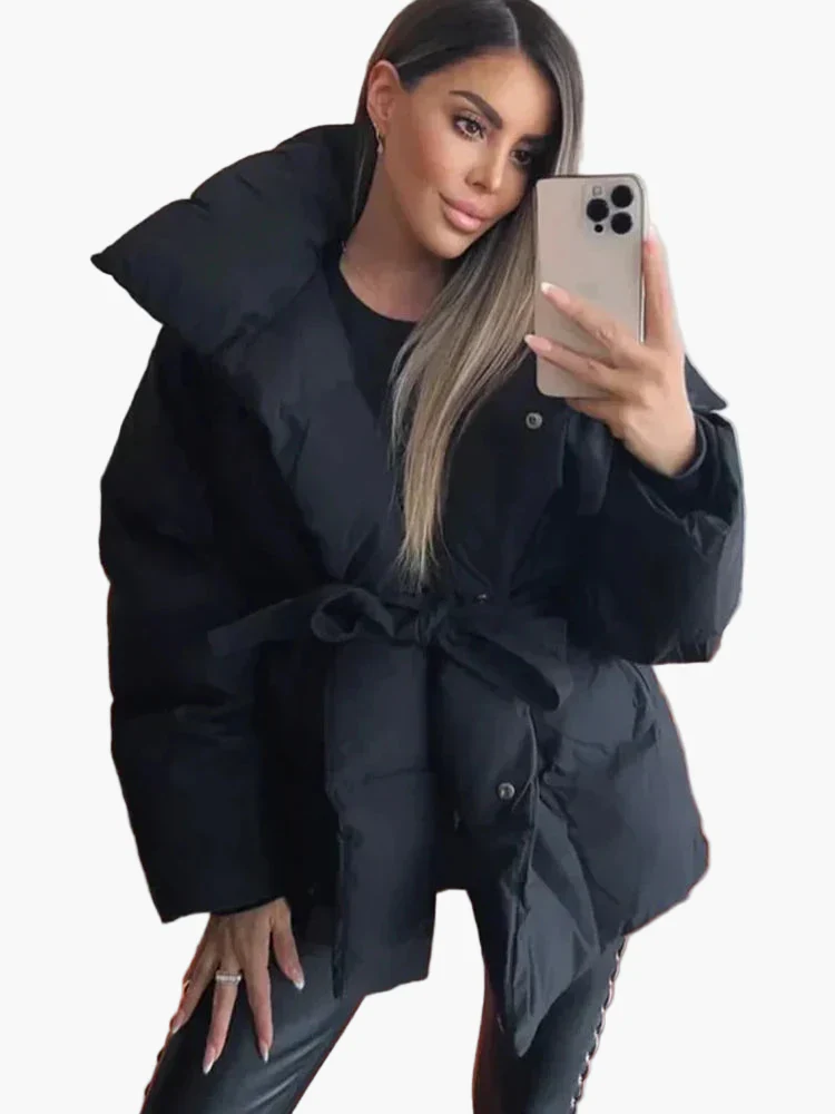 Manteau d'Hiver Femme Style Urbain Élégant avec Ceinture et Col Large - Image 7
