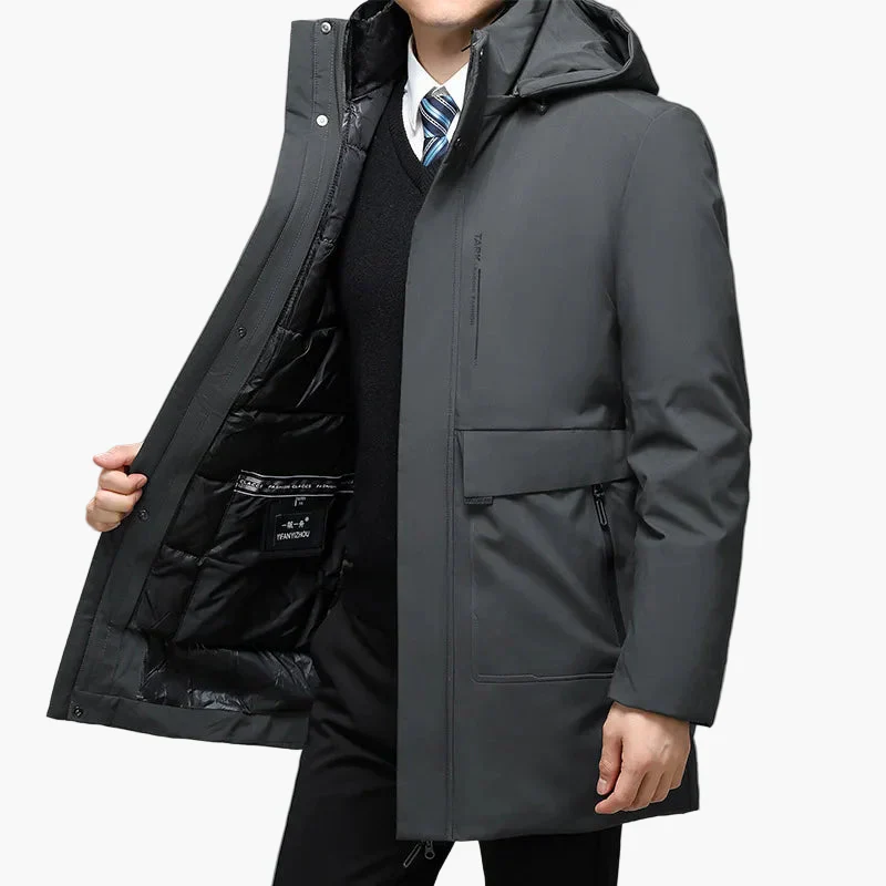 Manteau d'hiver homme élégant style business, veste longue à capuche pour usage professionnel et quotidien - Image 2