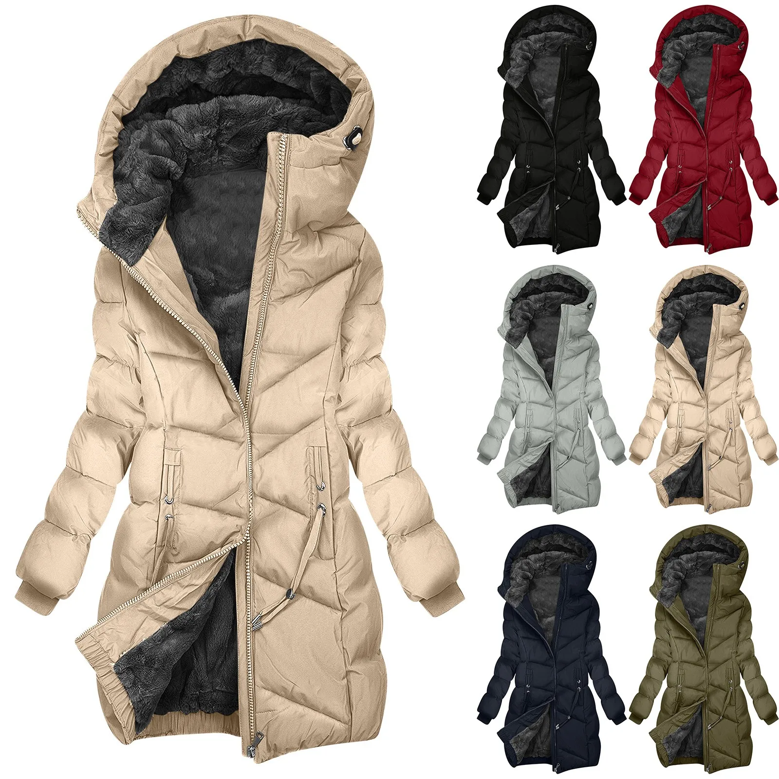 Manteau d'hiver long femme à capuche style doudoune coupe-vent élégant - Image 3