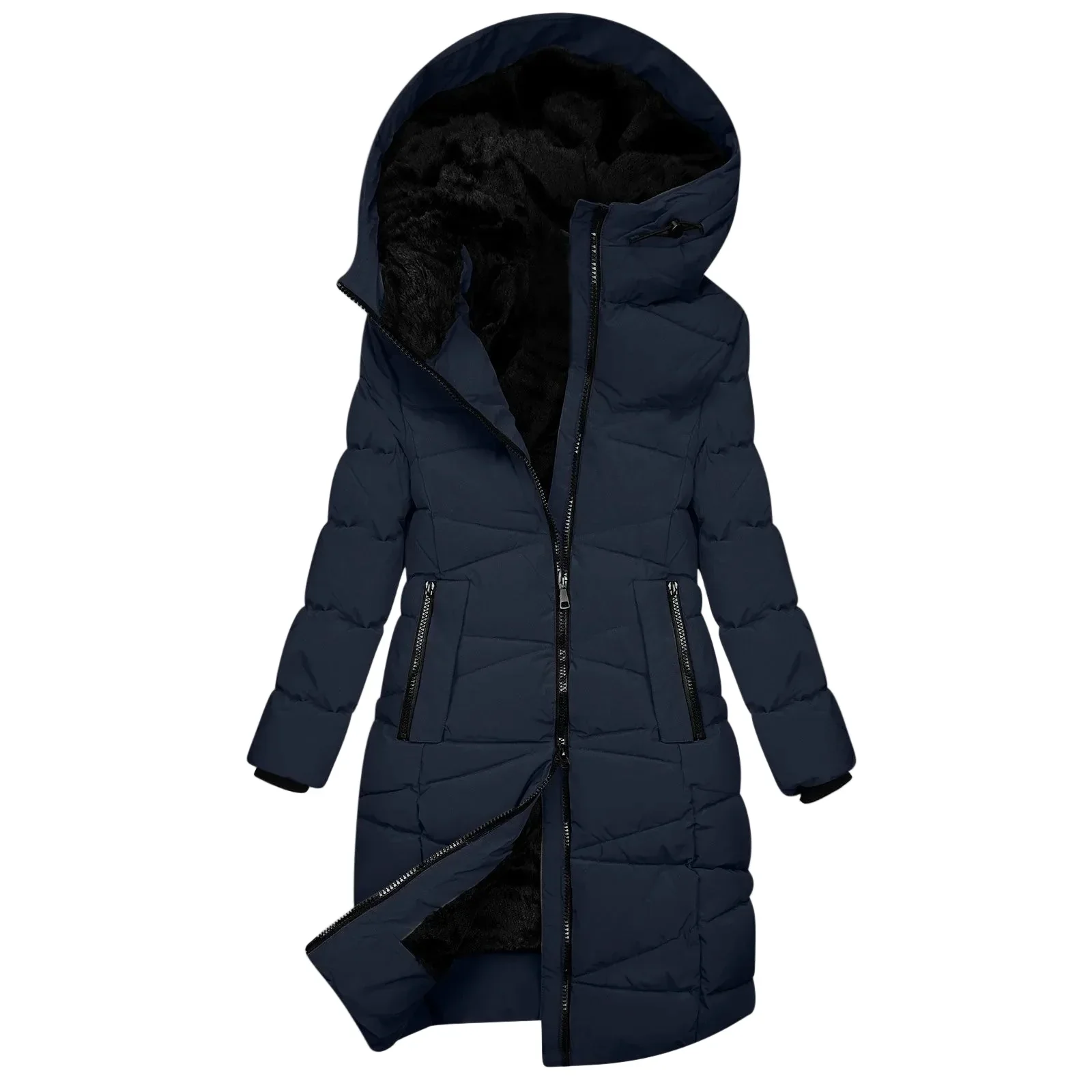 Manteau d'hiver long pour femme - Doudoune matelassée à capuche coupe-vent, style chic et décontracté - Image 9