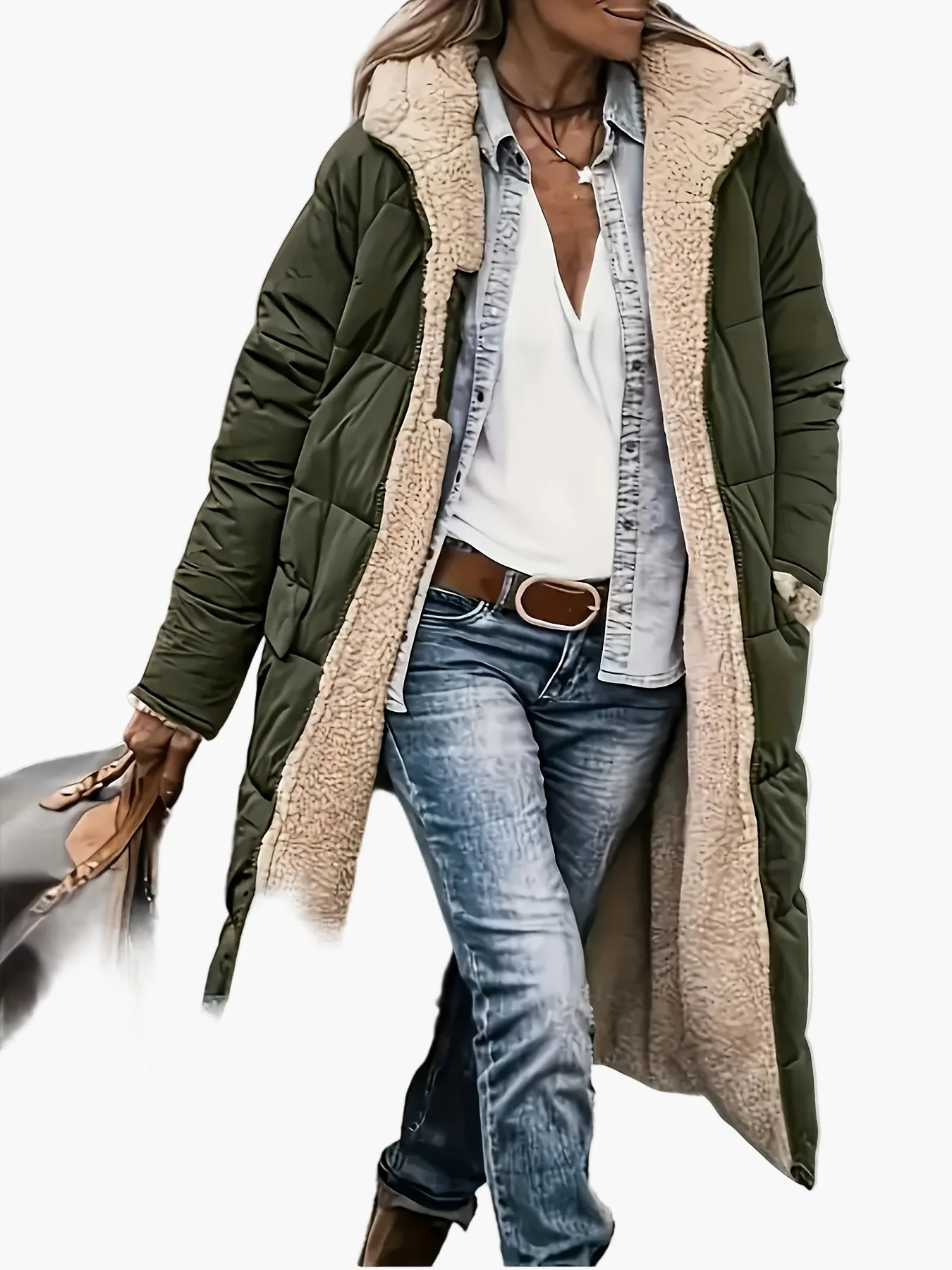 Manteau long d'hiver femme style décontracté avec capuche et doublure chaude, idéal pour les voyages et le quotidien - Image 2