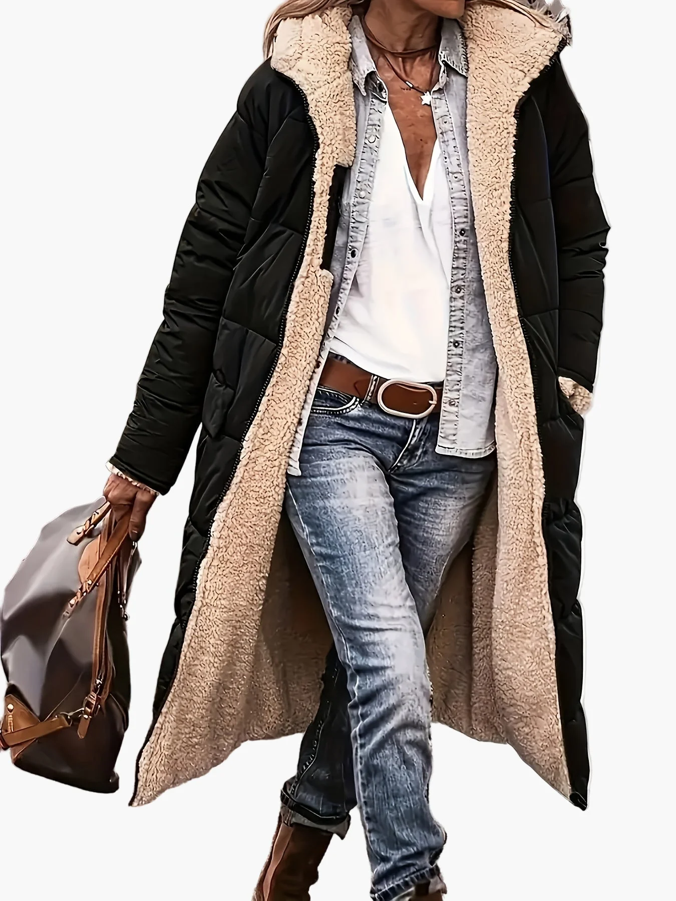 Manteau long d'hiver femme style décontracté avec capuche et doublure chaude, idéal pour les voyages et le quotidien - Image 3
