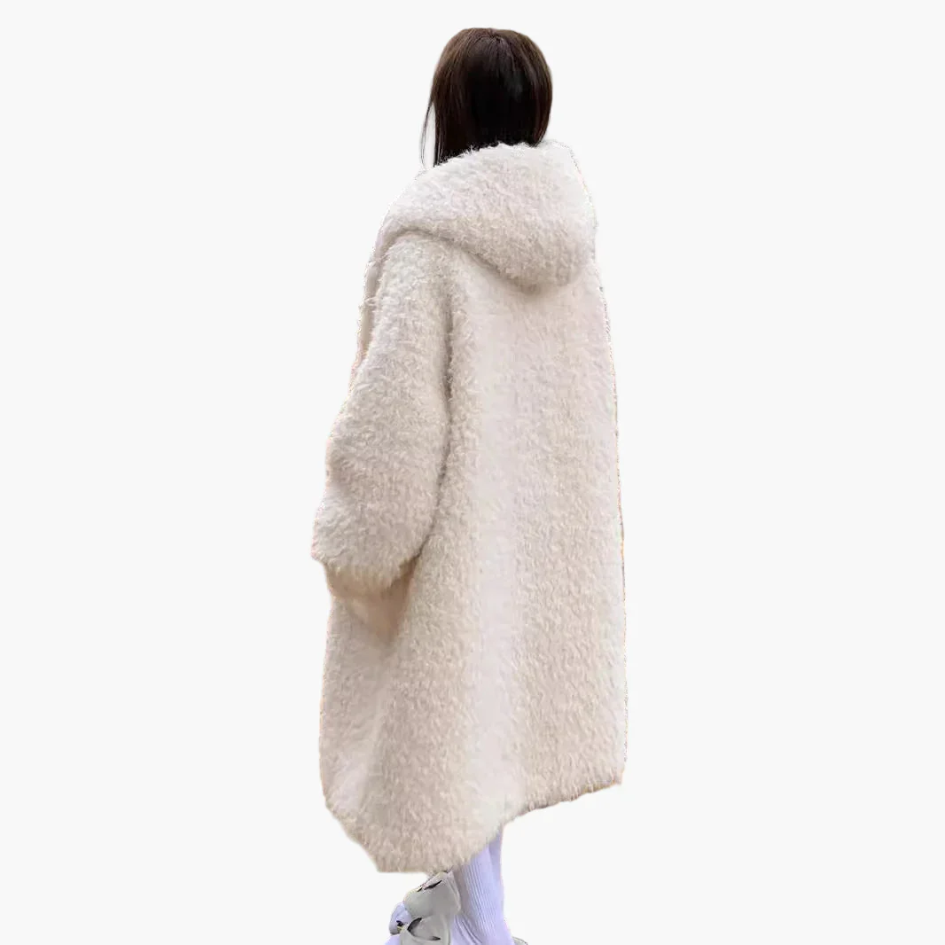 Manteau long d'hiver femme style surdimensionné à capuche, look peluche élégant - Image 2