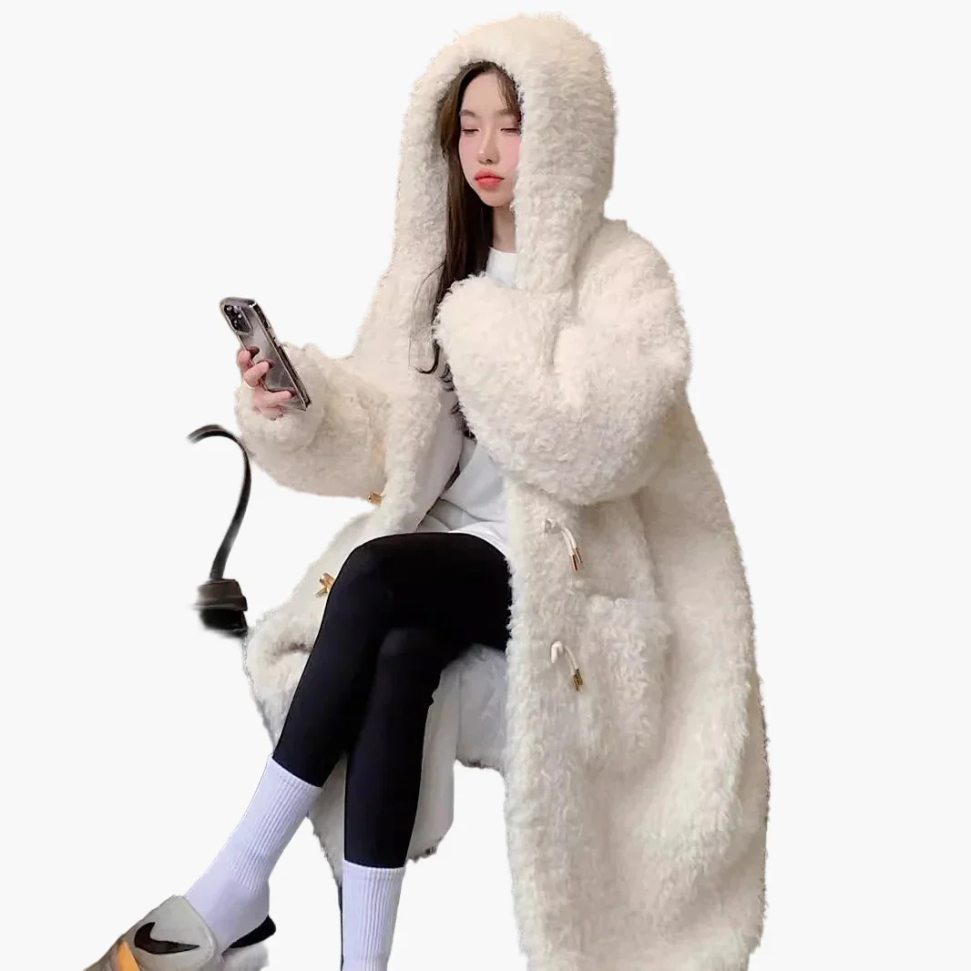 Manteau long d'hiver femme style surdimensionné à capuche, look peluche élégant - Image 3