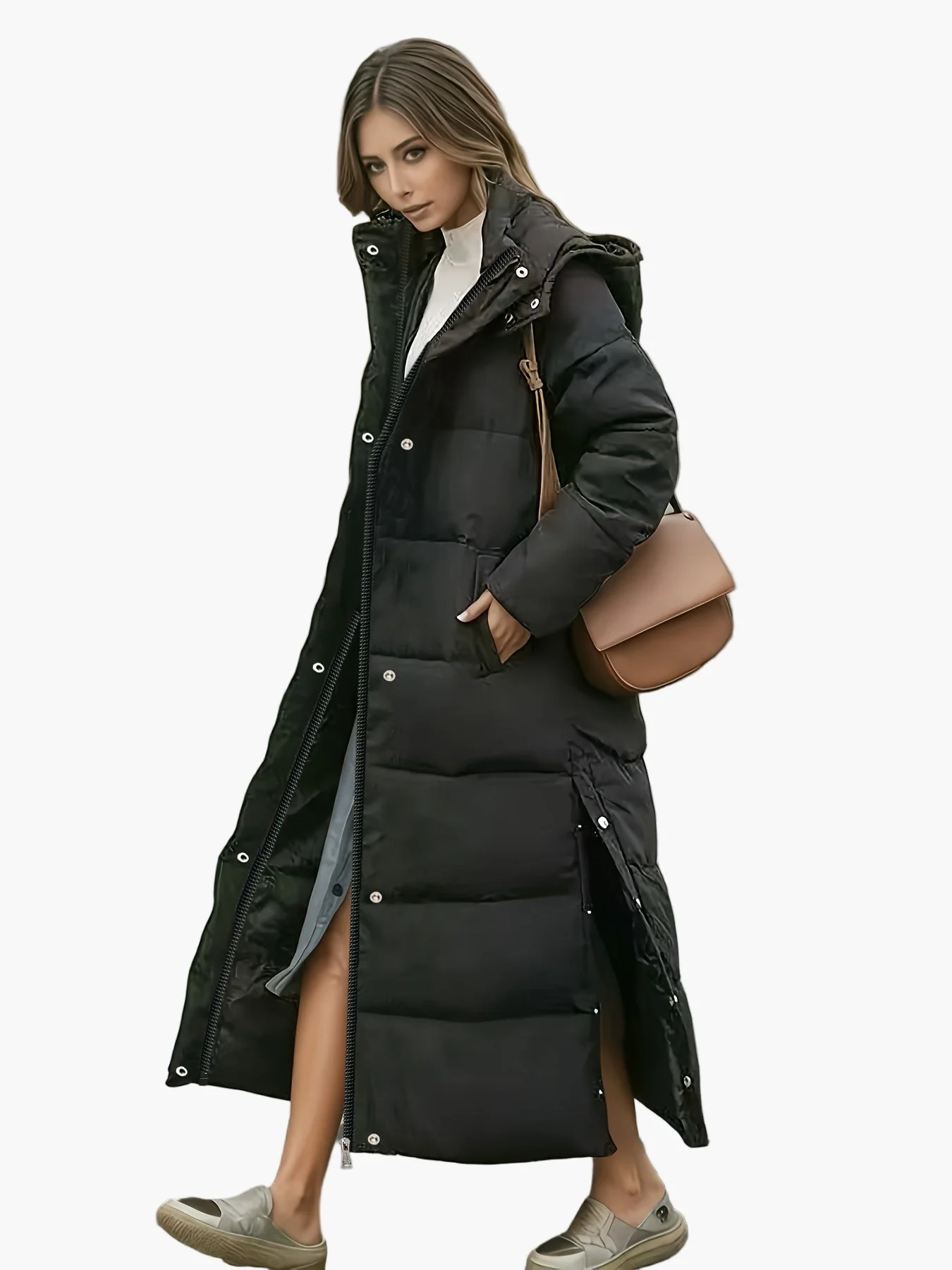 Manteau long matelassé à capuche pour femme, style élégant hiver, usage urbain et décontracté - Image 2