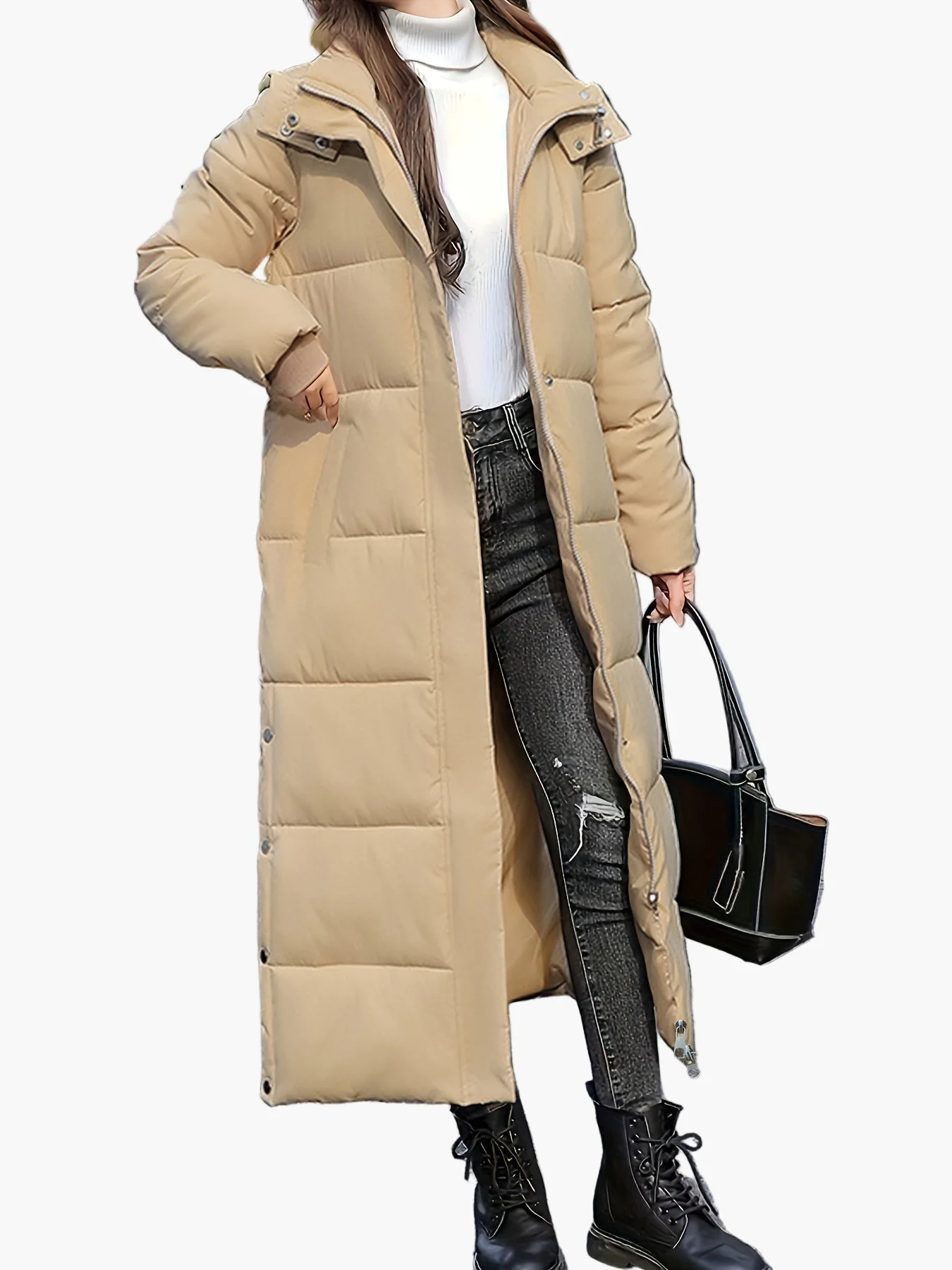 Manteau long matelassé à capuche pour femme, style élégant hiver, usage urbain et décontracté - Image 3