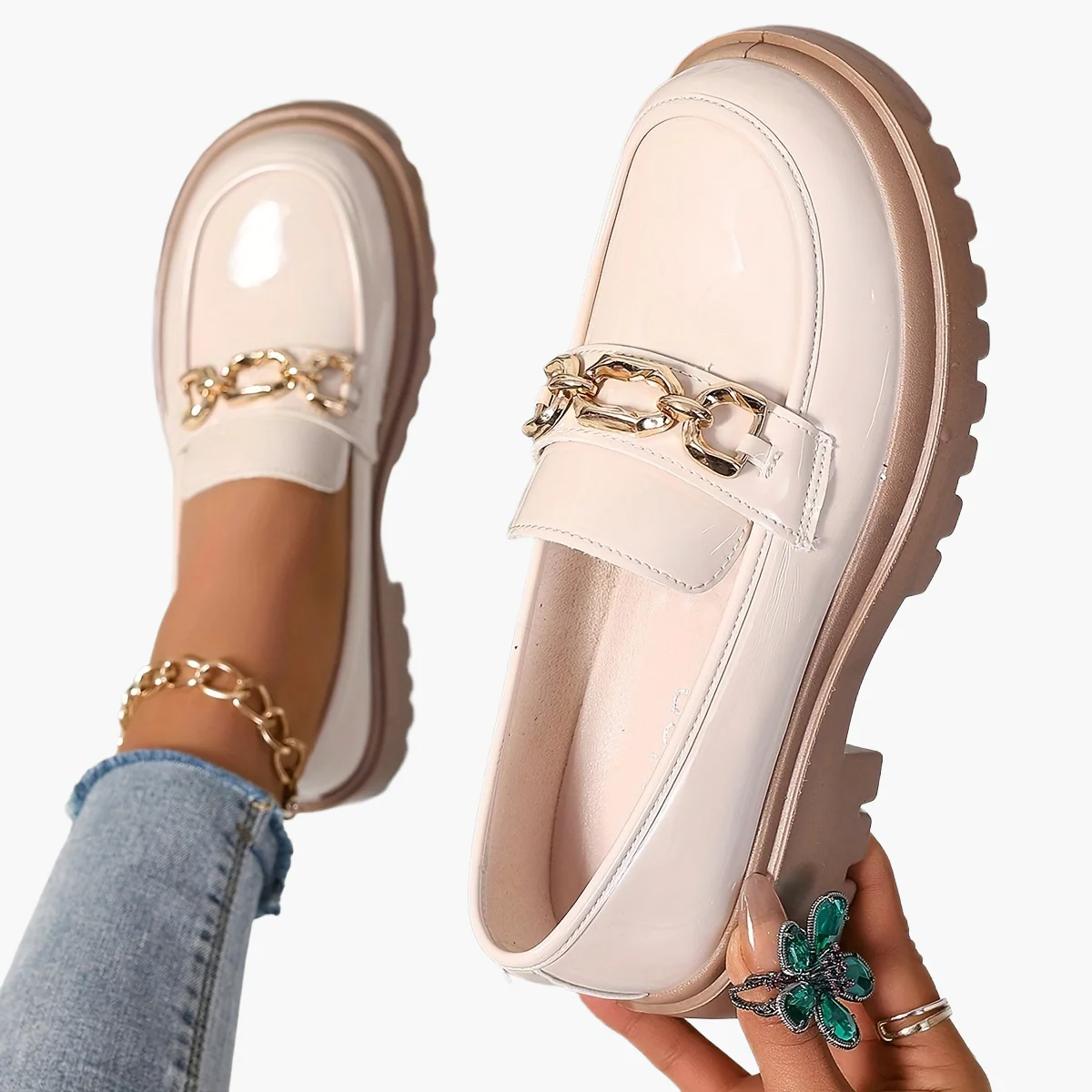 Mocassins élégants pour femme à chaîne dorée style preppy – Slip-on confort urbain - Image 8