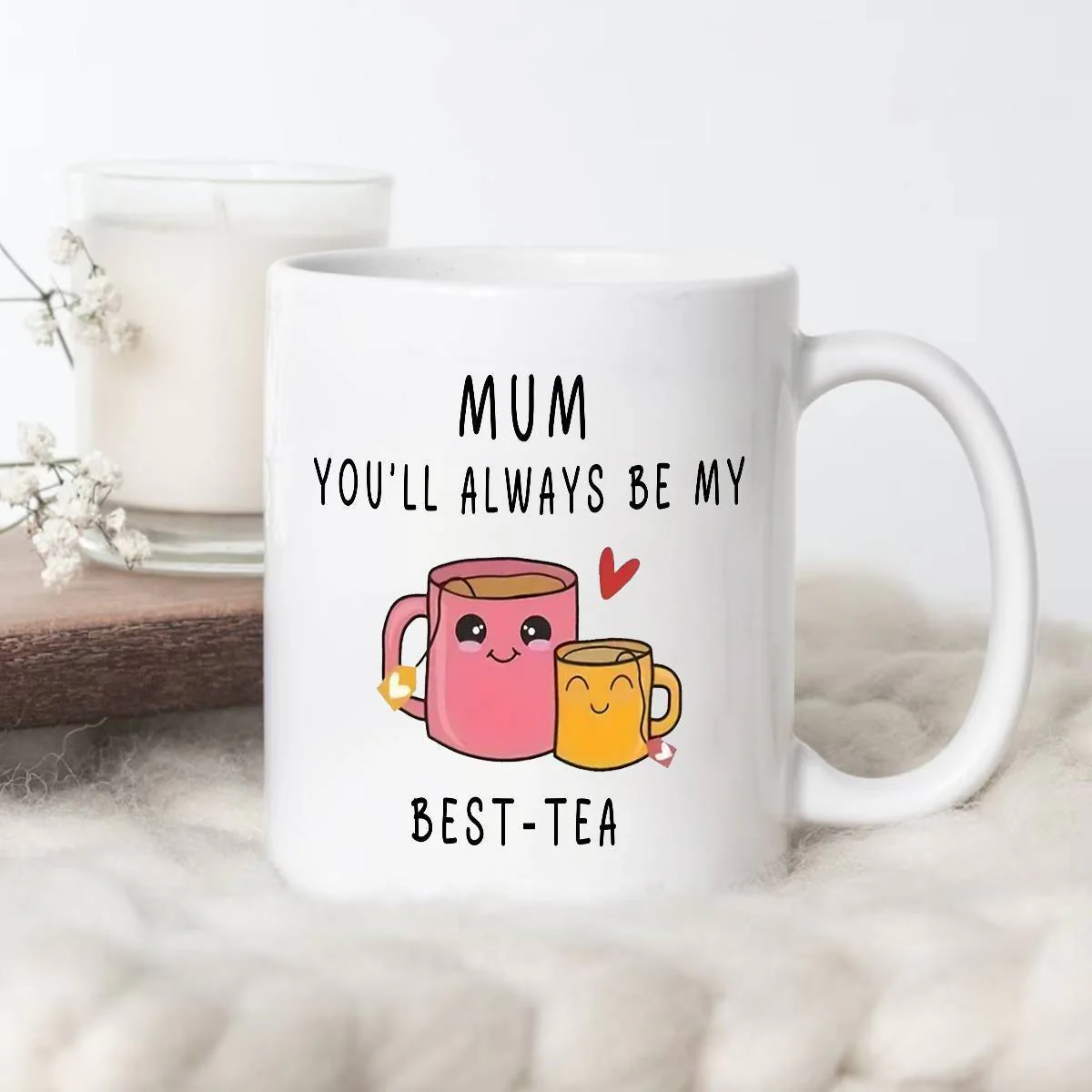 Mug cadeau pour femme – Tasse humoristique pour maman – Idée cadeau fête des mères – Style kawaii, message "Mum you'll always be my best-tea" - Image 2