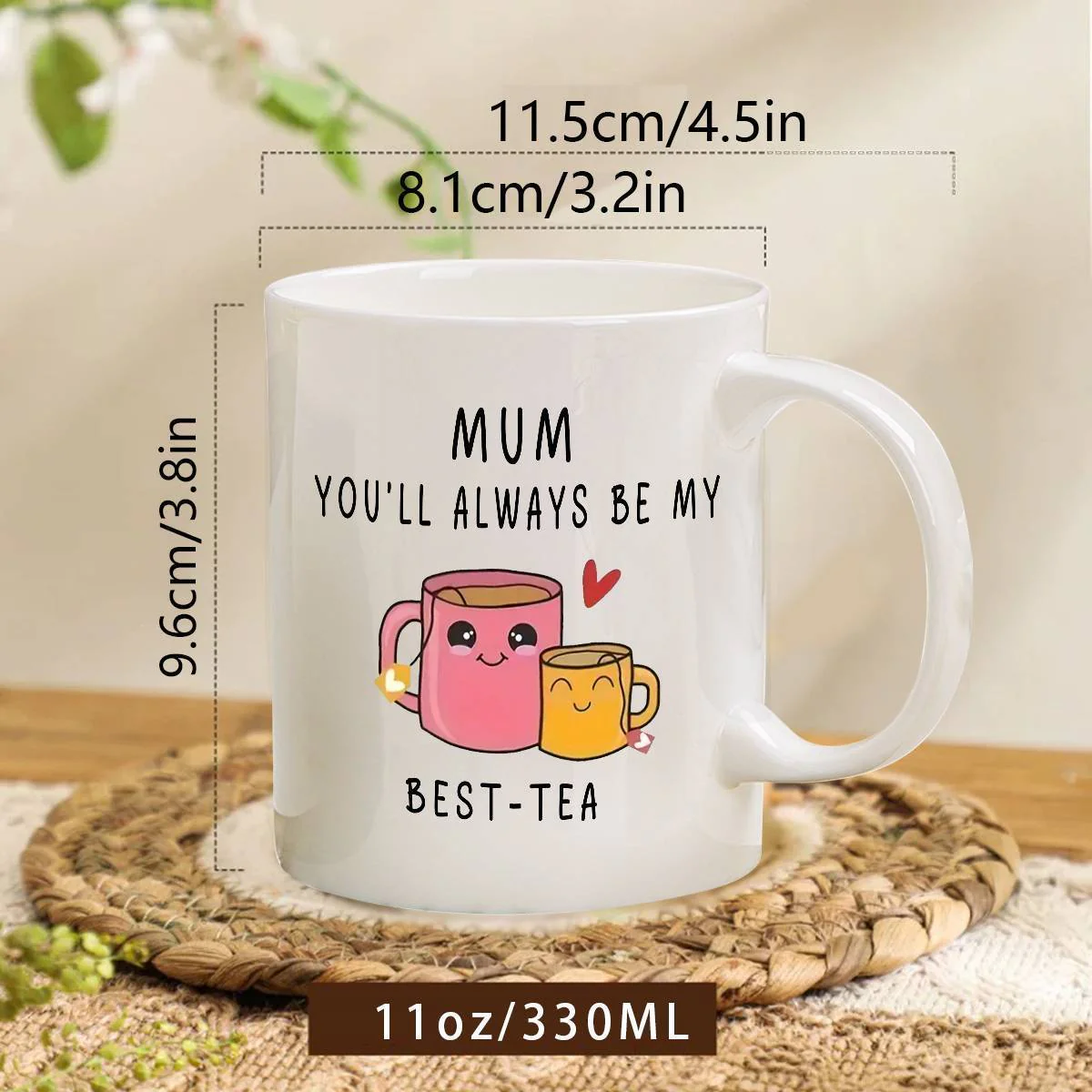 Mug cadeau pour femme – Tasse humoristique pour maman – Idée cadeau fête des mères – Style kawaii, message "Mum you'll always be my best-tea" - Image 4