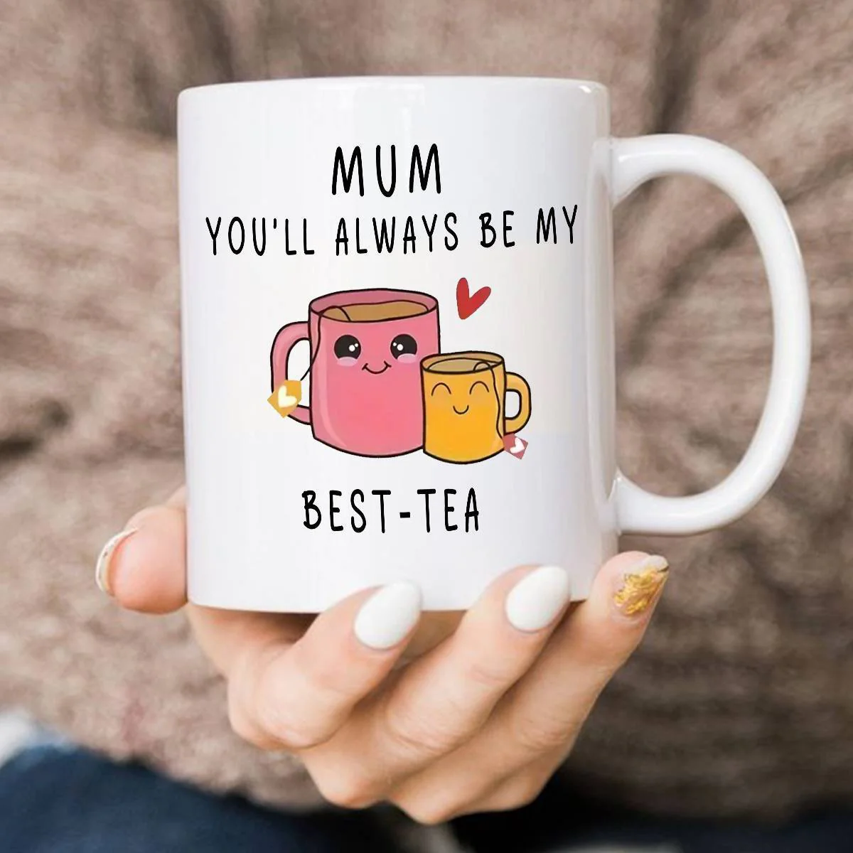 Mug cadeau pour femme – Tasse humoristique pour maman – Idée cadeau fête des mères – Style kawaii, message "Mum you'll always be my best-tea" - Image 6