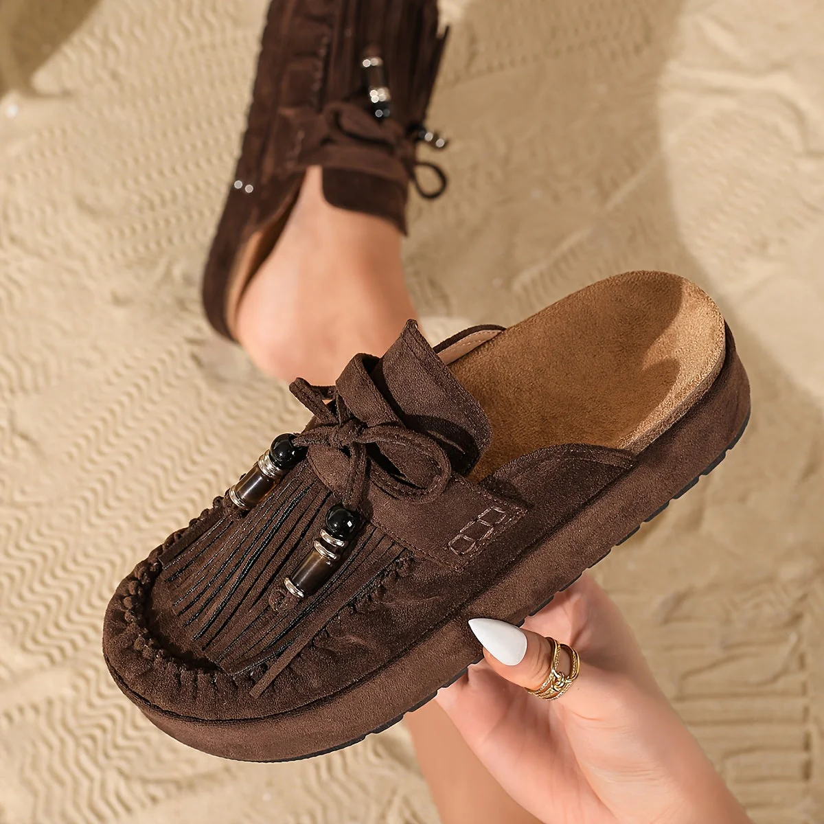 Mules Femme Style Bohème à Franges et Perles – Sandales Confort Été Mode Décontractée - Image 2