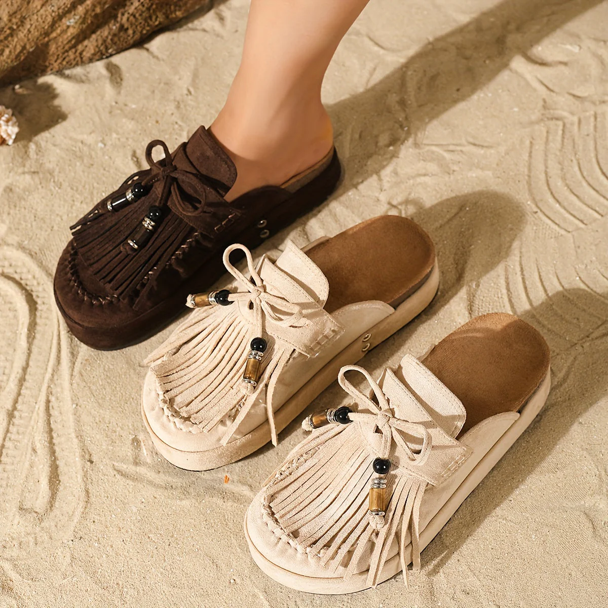 Mules Femme Style Bohème à Franges et Perles – Sandales Confort Été Mode Décontractée - Image 3