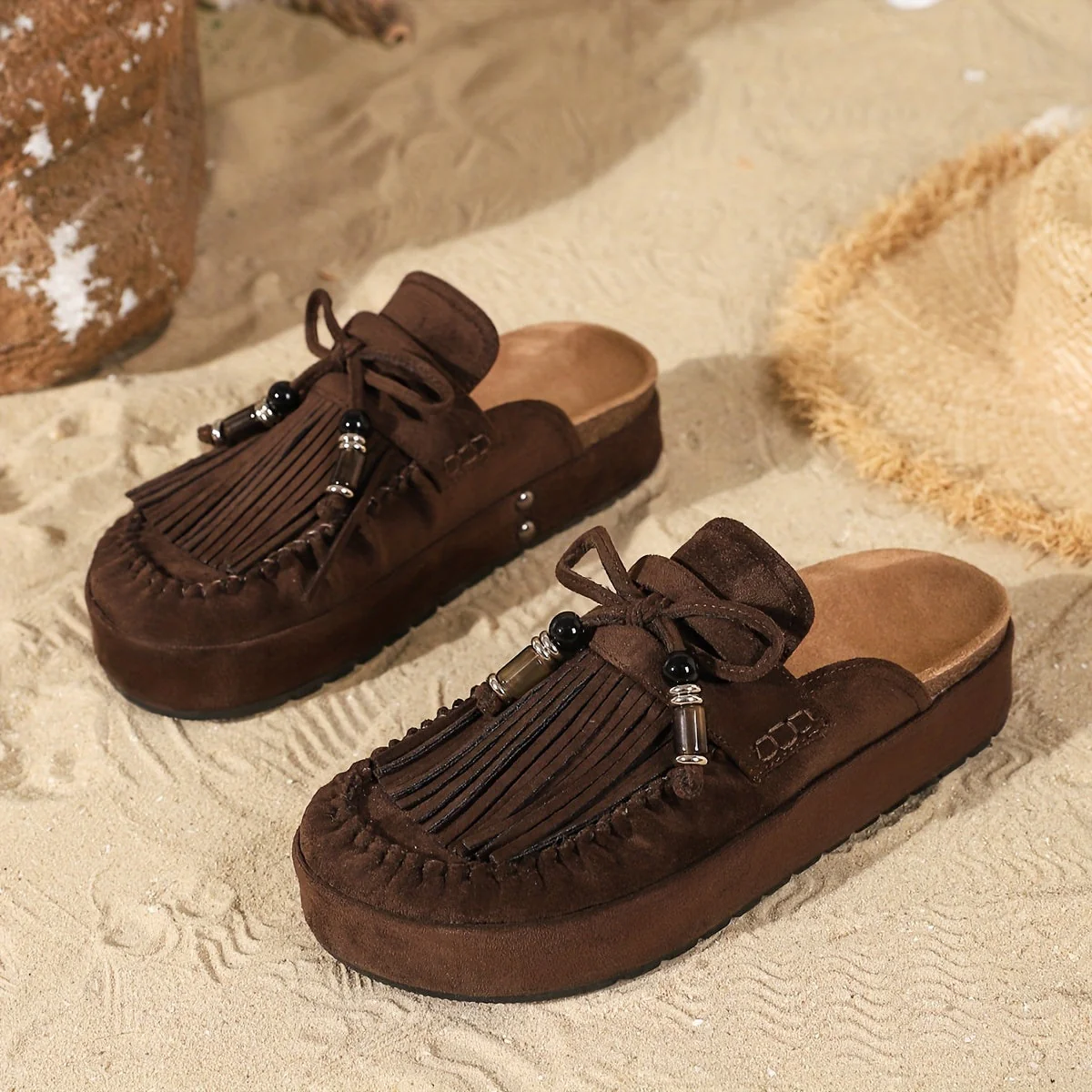 Mules Femme Style Bohème à Franges et Perles – Sandales Confort Été Mode Décontractée - Image 5