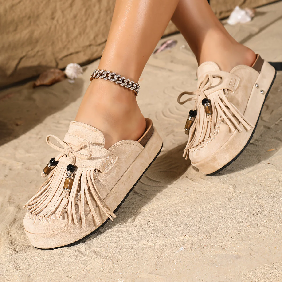 Mules Femme Style Bohème à Franges et Perles – Sandales Confort Été Mode Décontractée - Image 9