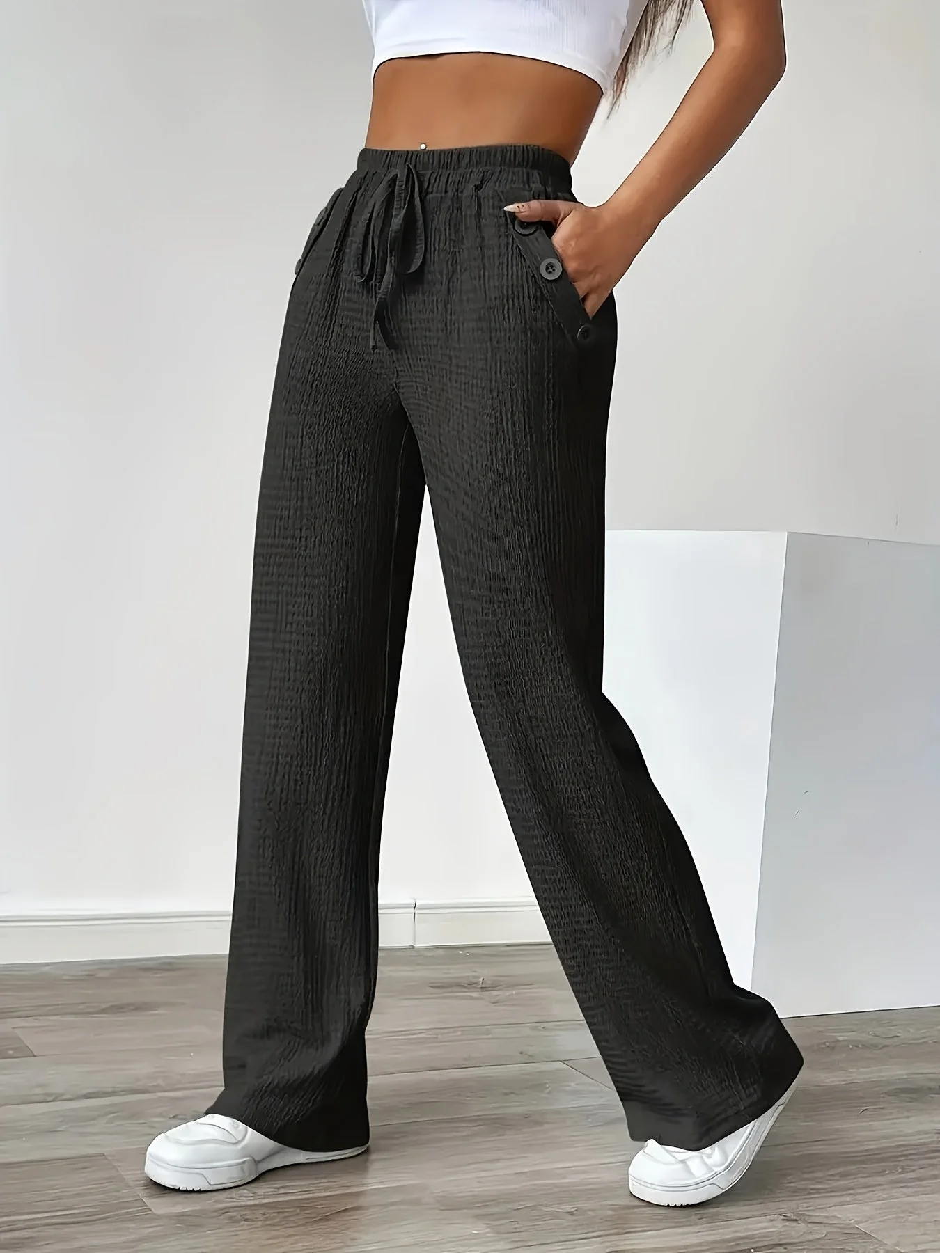 Pantalon décontracté droit taille haute pour femme - Style urbain chic et confortable - Image 2