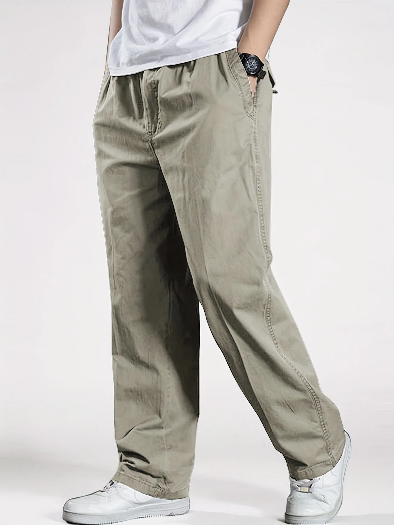 Pantalon décontracté à taille élastique homme, coupe ample, idéal pour loisirs et détente - Image 4