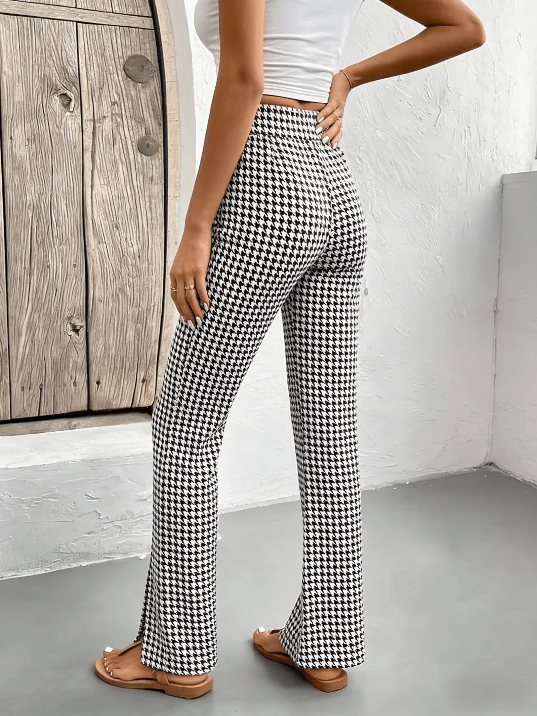 Pantalon femme à carreaux pied-de-poule style flare élégant pour sorties - Image 3