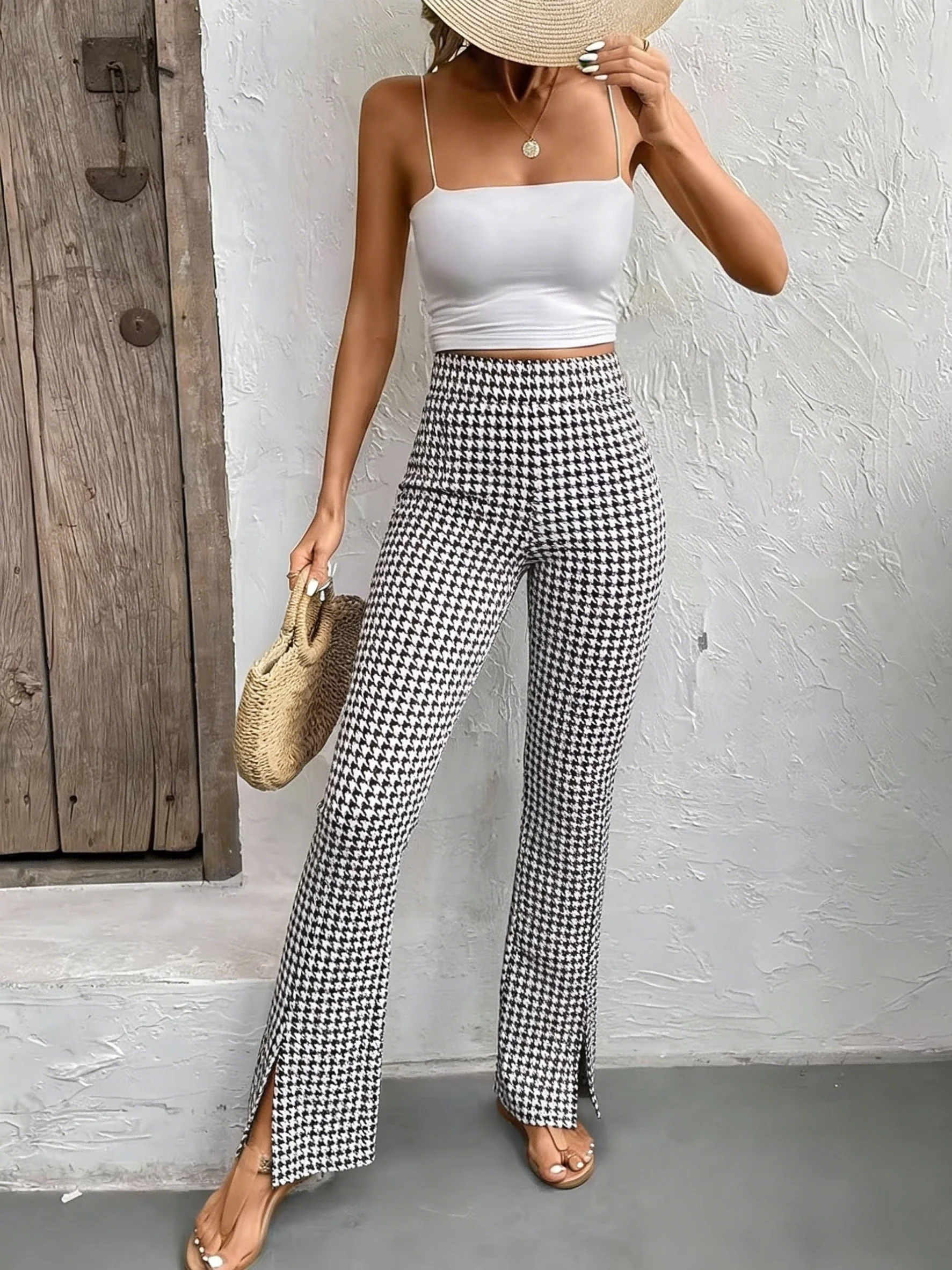 Pantalon femme à carreaux pied-de-poule style flare élégant pour sorties - Image 4