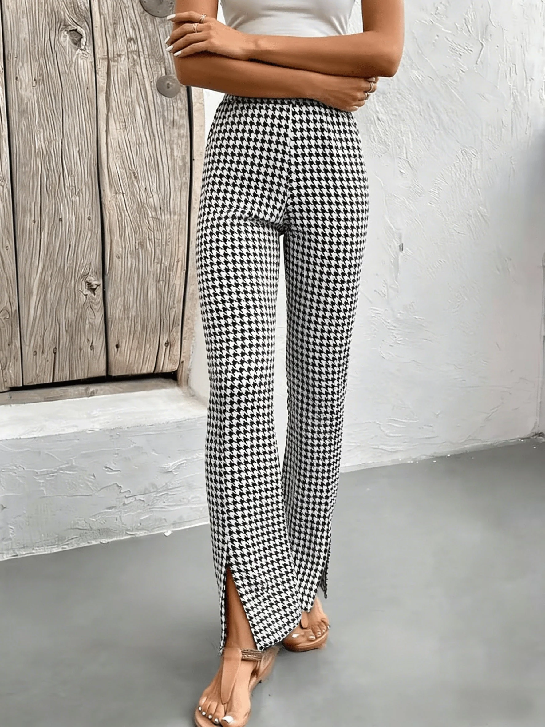 Pantalon femme à carreaux pied-de-poule style flare élégant pour sorties - Image 5