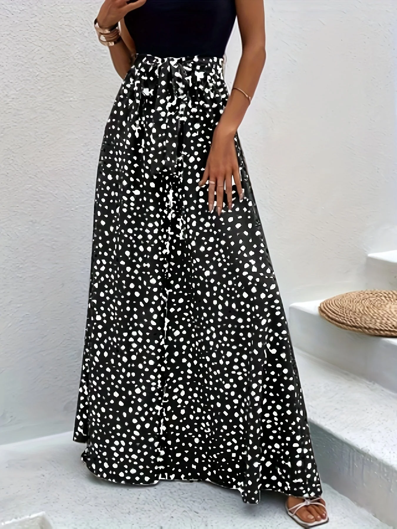 Pantalon large à pois femme style élégant pour printemps/été avec ceinture nouée - Image 2