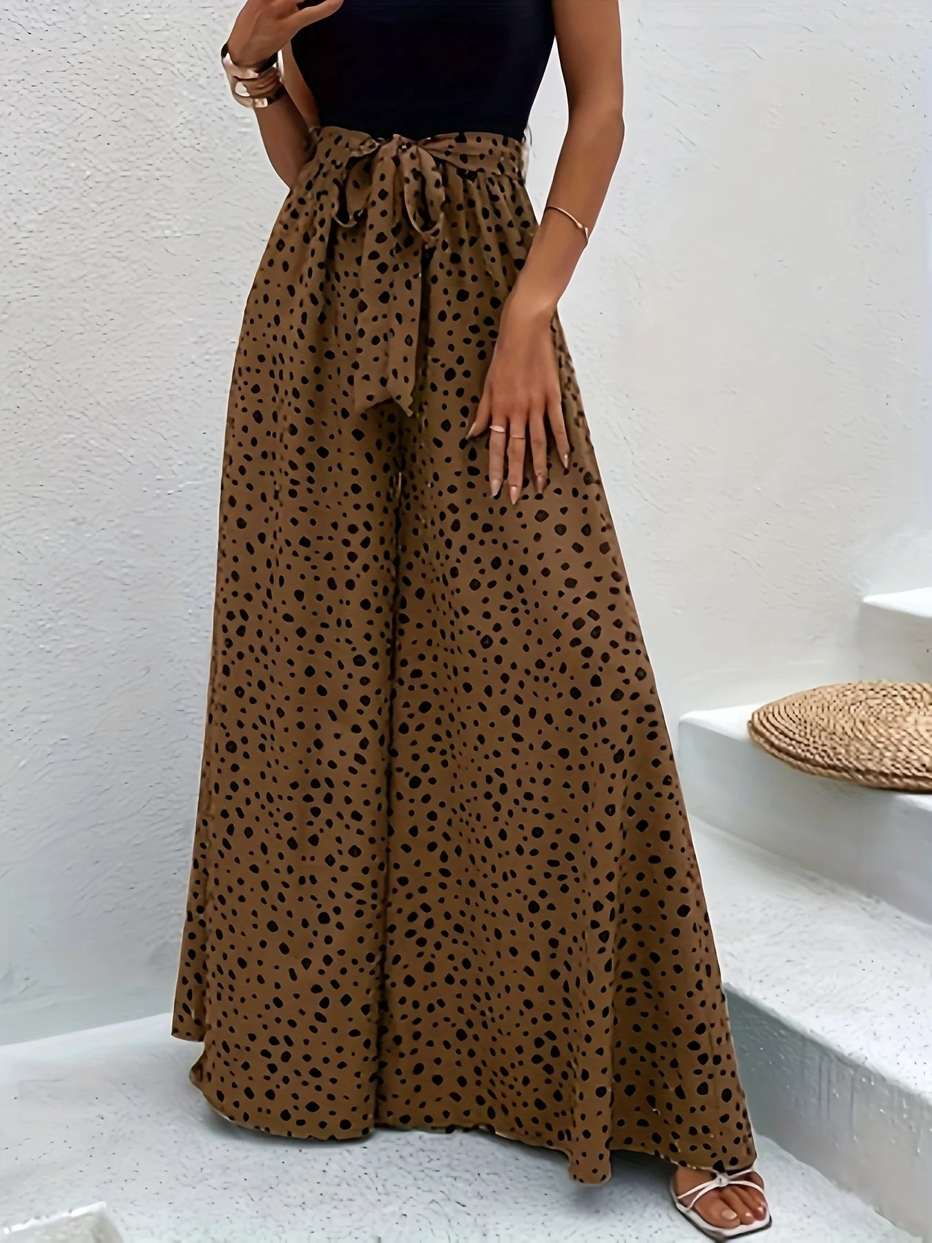 Pantalon large à pois femme style élégant pour printemps/été avec ceinture nouée - Image 3