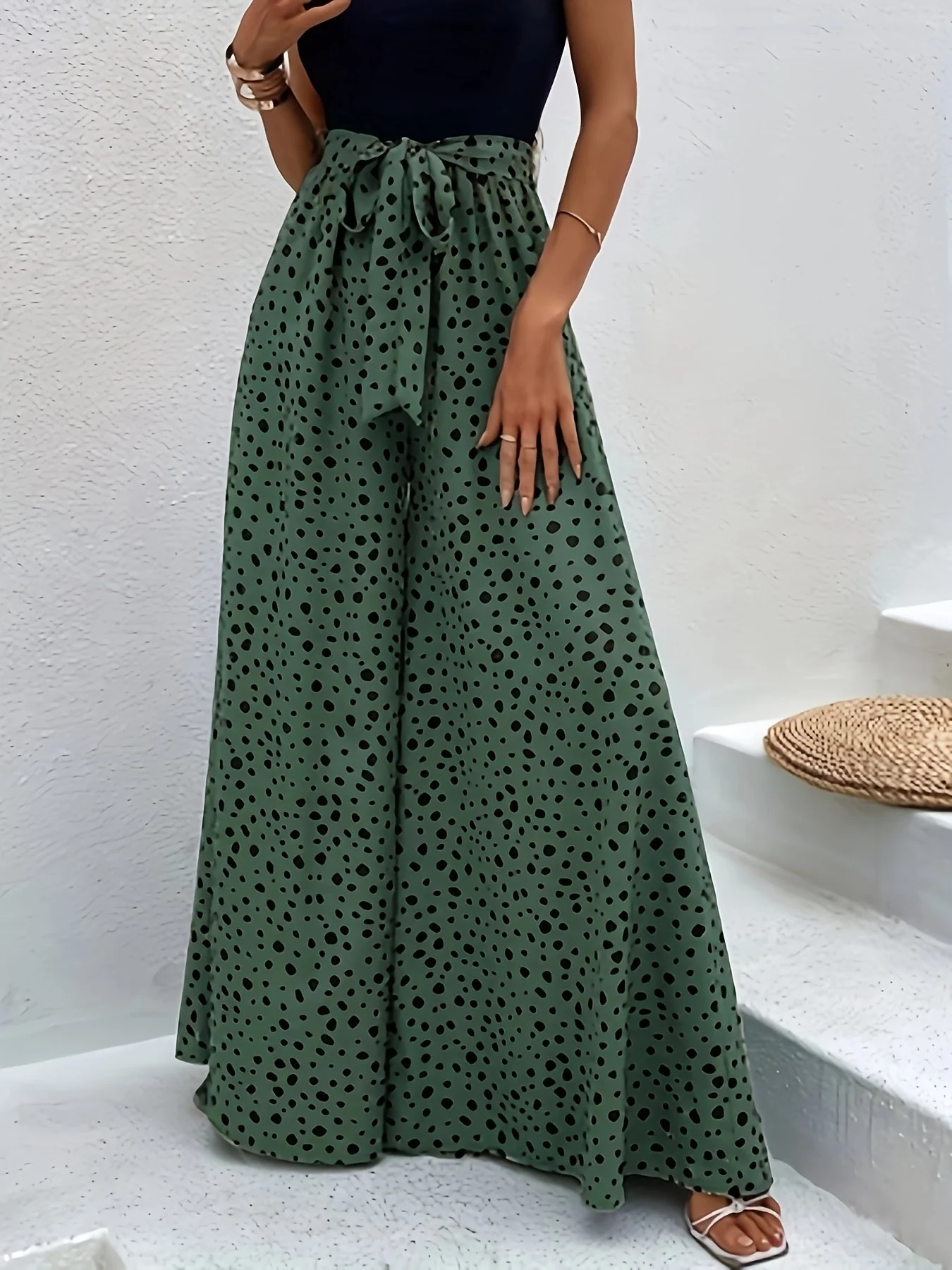 Pantalon large à pois femme style élégant pour printemps/été avec ceinture nouée - Image 4