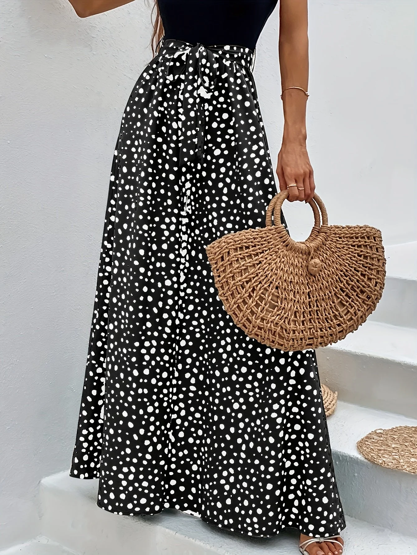 Pantalon large à pois femme style élégant pour printemps/été avec ceinture nouée - Image 5