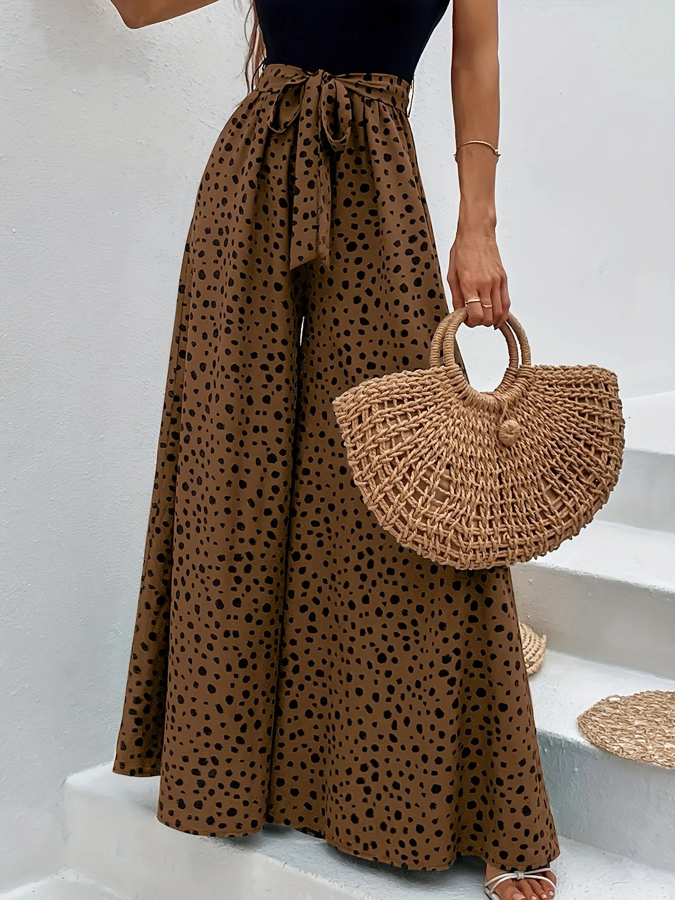 Pantalon large à pois femme style élégant pour printemps/été avec ceinture nouée - Image 6