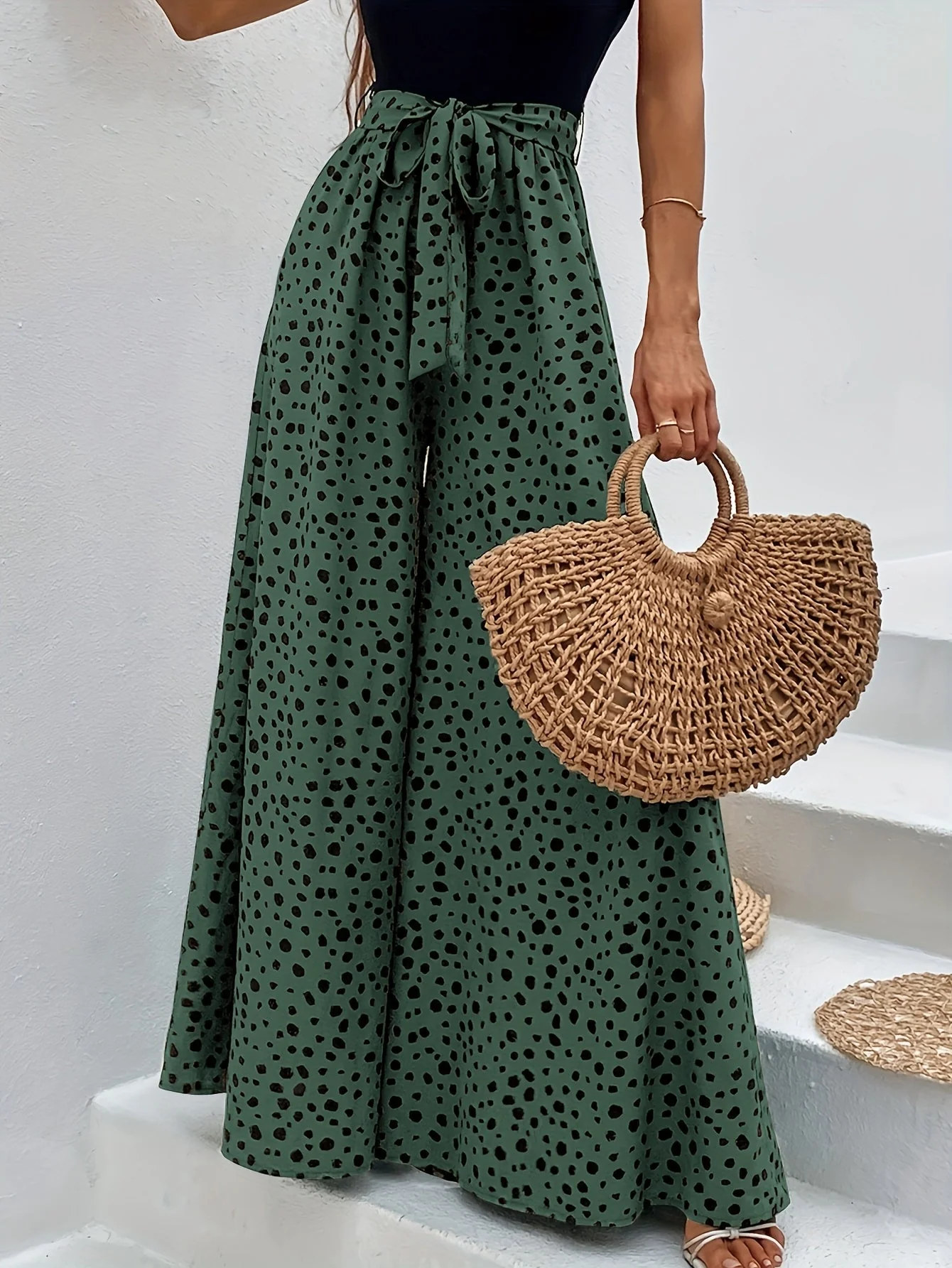 Pantalon large à pois femme style élégant pour printemps/été avec ceinture nouée - Image 7