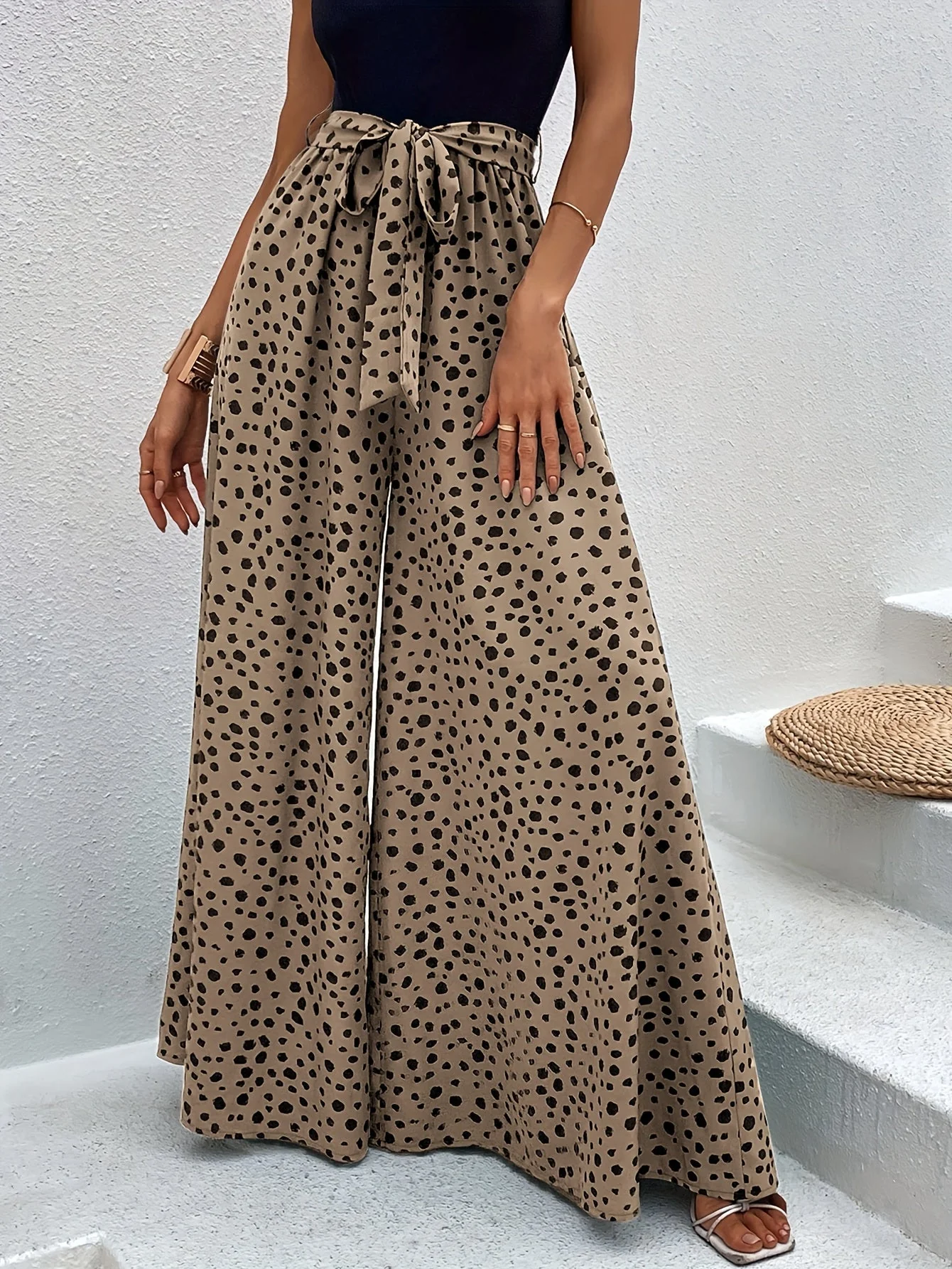Pantalon large à pois femme style élégant pour printemps/été avec ceinture nouée - Image 8