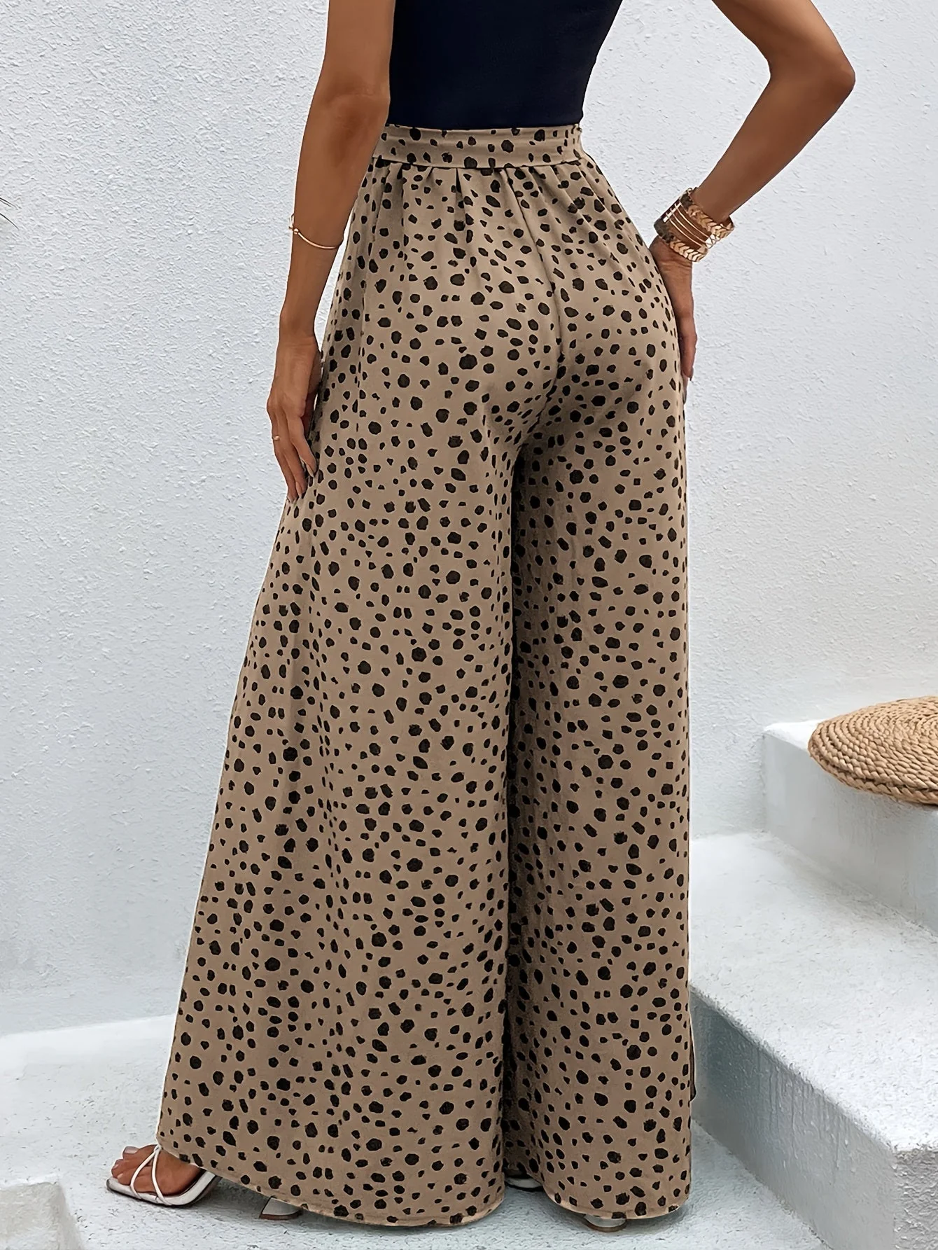 Pantalon large à pois femme style élégant pour printemps/été avec ceinture nouée - Image 9