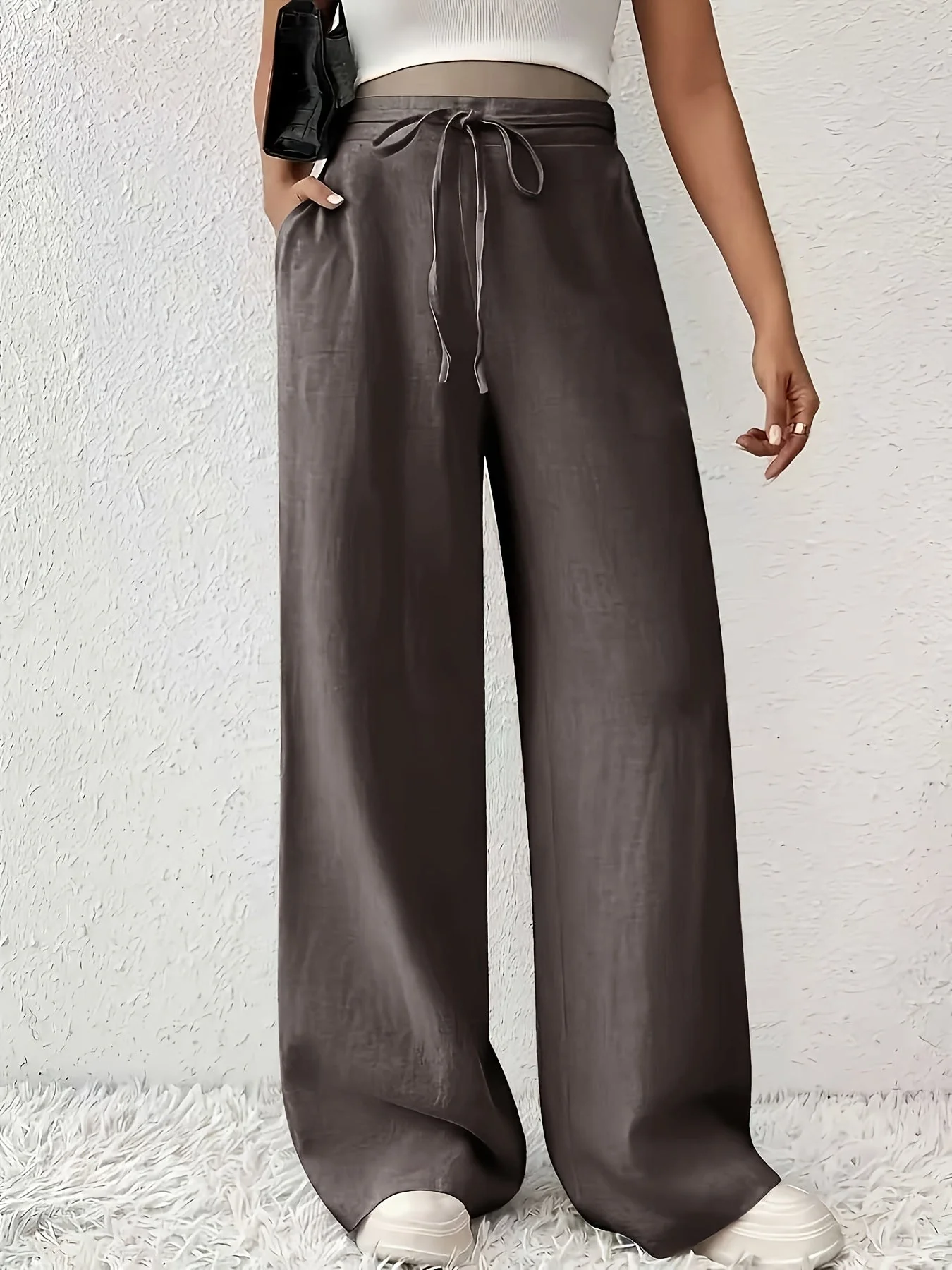 Pantalon large casual pour femme avec taille à cordon – Style détente et tendance - Image 2