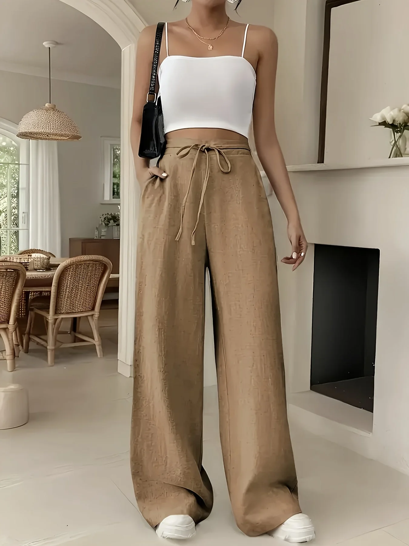 Pantalon large casual pour femme avec taille à cordon – Style détente et tendance - Image 4