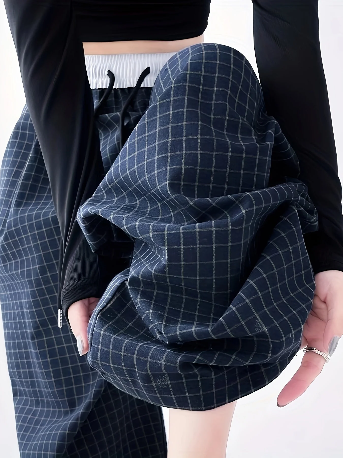 Pantalon large décontracté pour femme style urbain à carreaux - Image 3
