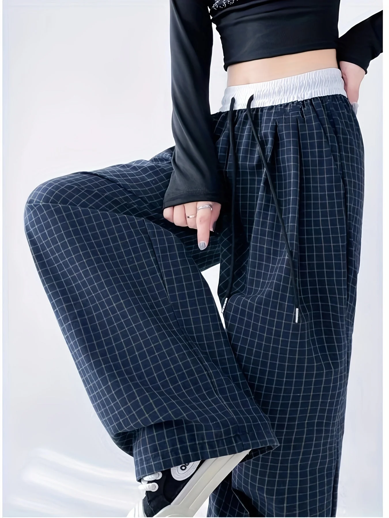 Pantalon large décontracté pour femme style urbain à carreaux - Image 4