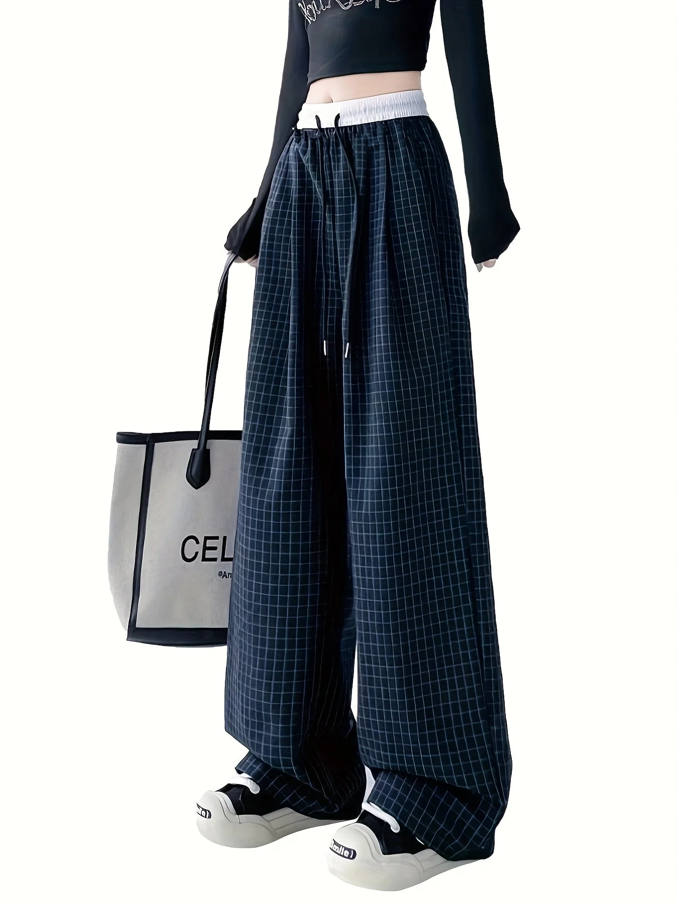 Pantalon large décontracté pour femme style urbain à carreaux - Image 5