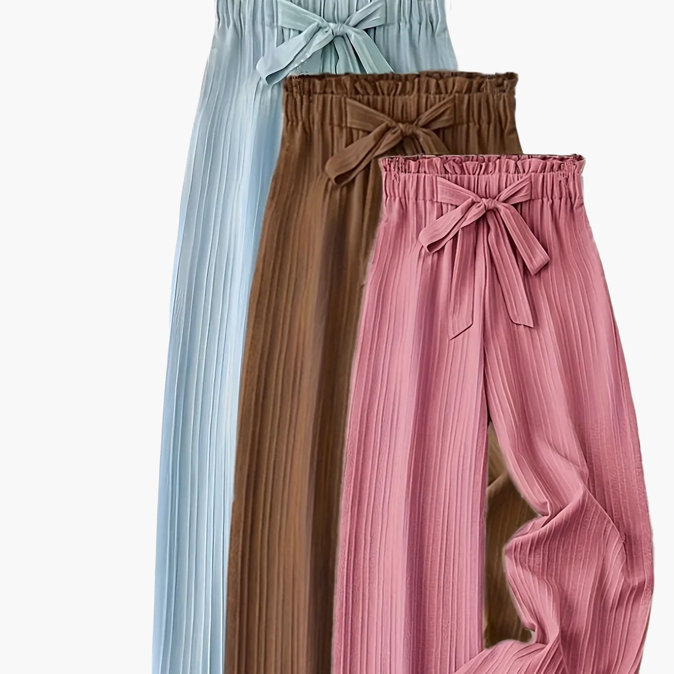 Pantalon large droit à taille élastique avec ceinture nœud pour femme, style élégant décontracté - Image 11