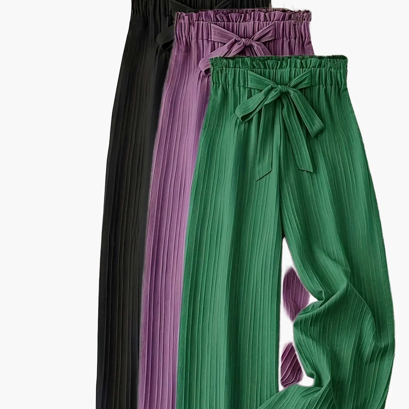 Pantalon large droit à taille élastique avec ceinture nœud pour femme, style élégant décontracté - Image 12