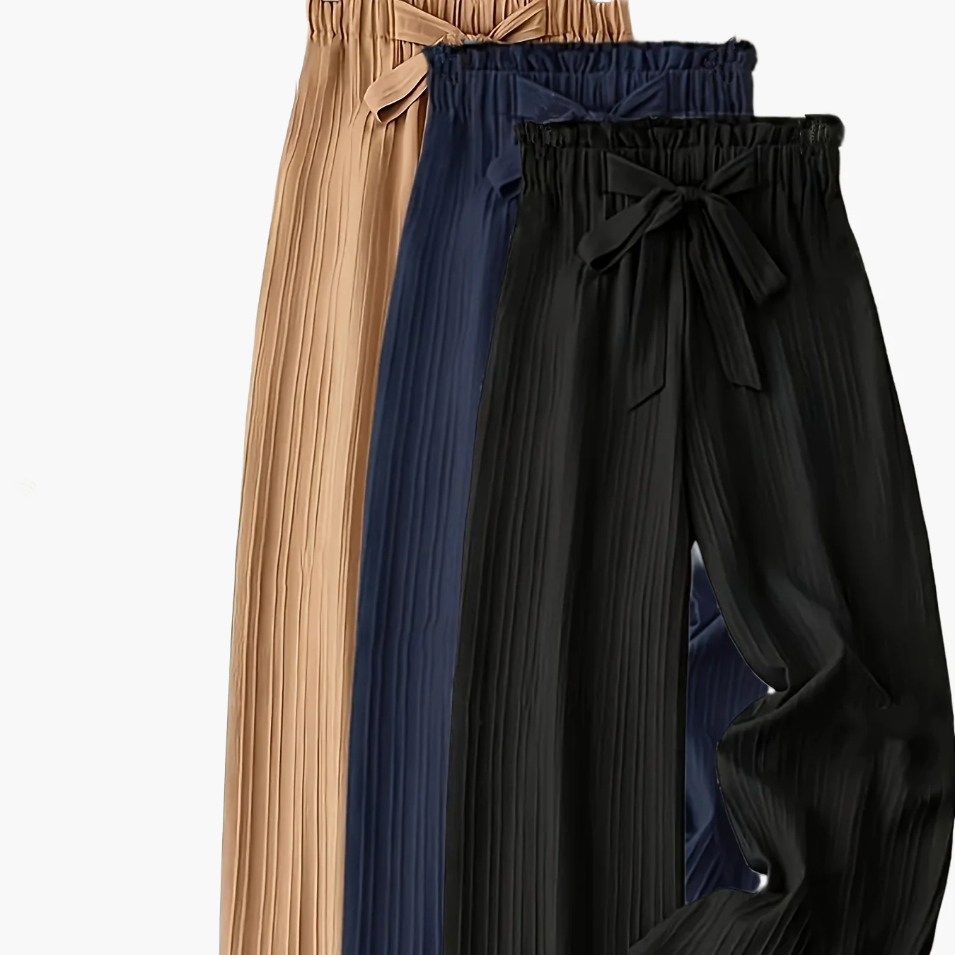 Pantalon large droit à taille élastique avec ceinture nœud pour femme, style élégant décontracté - Image 13
