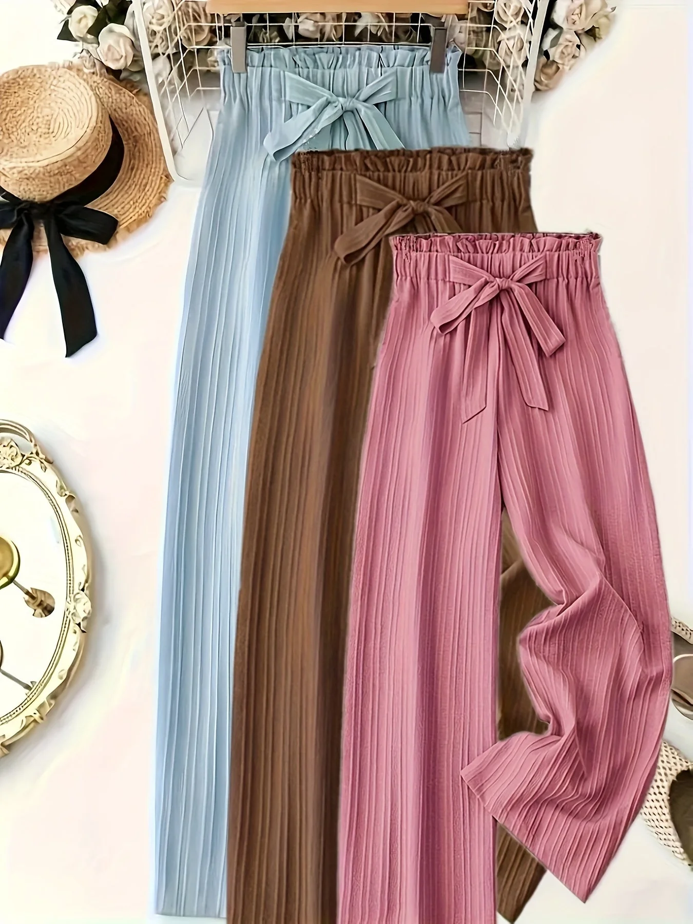 Pantalon large droit à taille élastique avec ceinture nœud pour femme, style élégant décontracté - Image 2