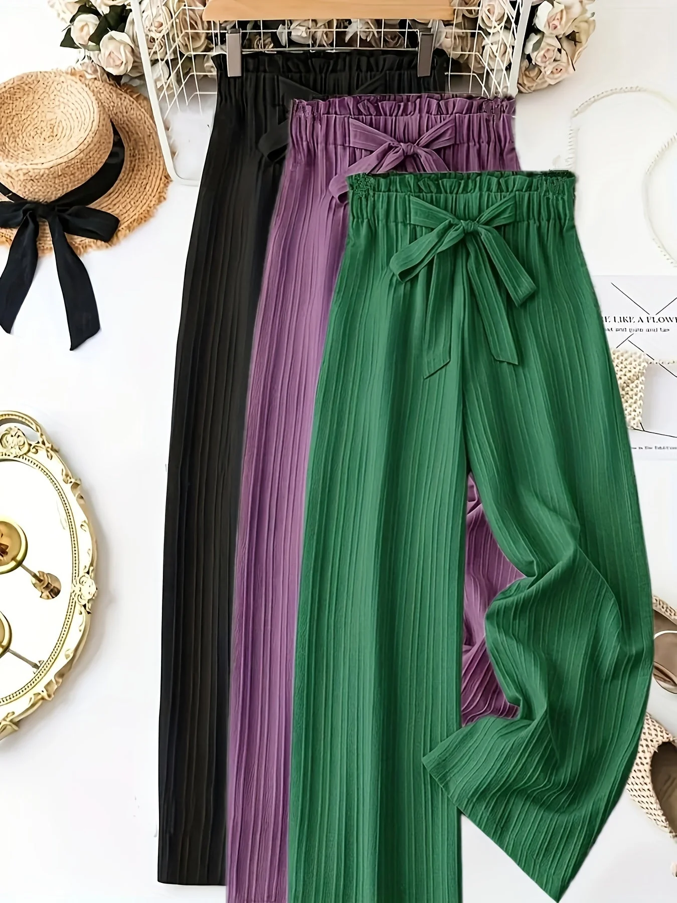 Pantalon large droit à taille élastique avec ceinture nœud pour femme, style élégant décontracté - Image 3