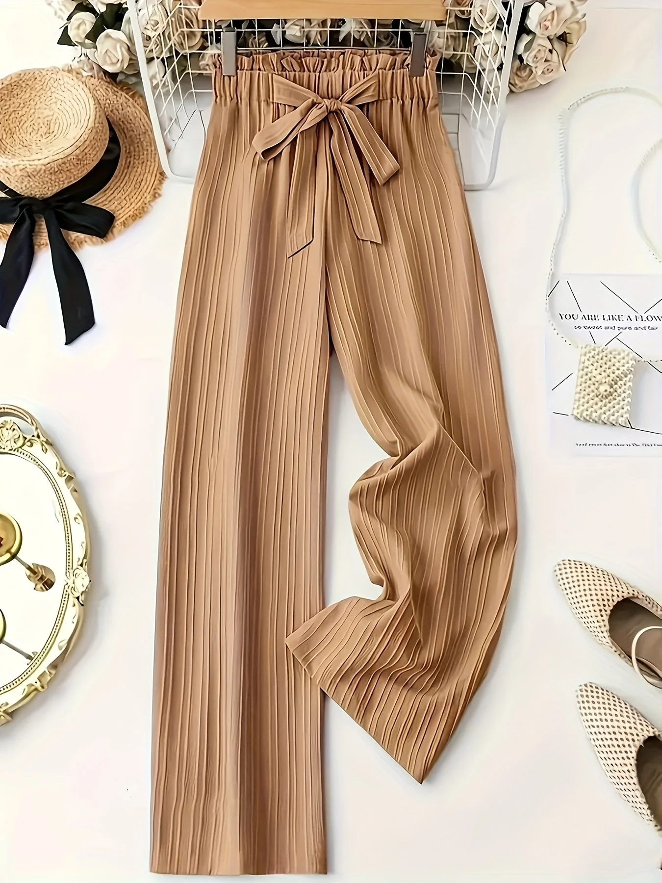 Pantalon large droit à taille élastique avec ceinture nœud pour femme, style élégant décontracté - Image 4