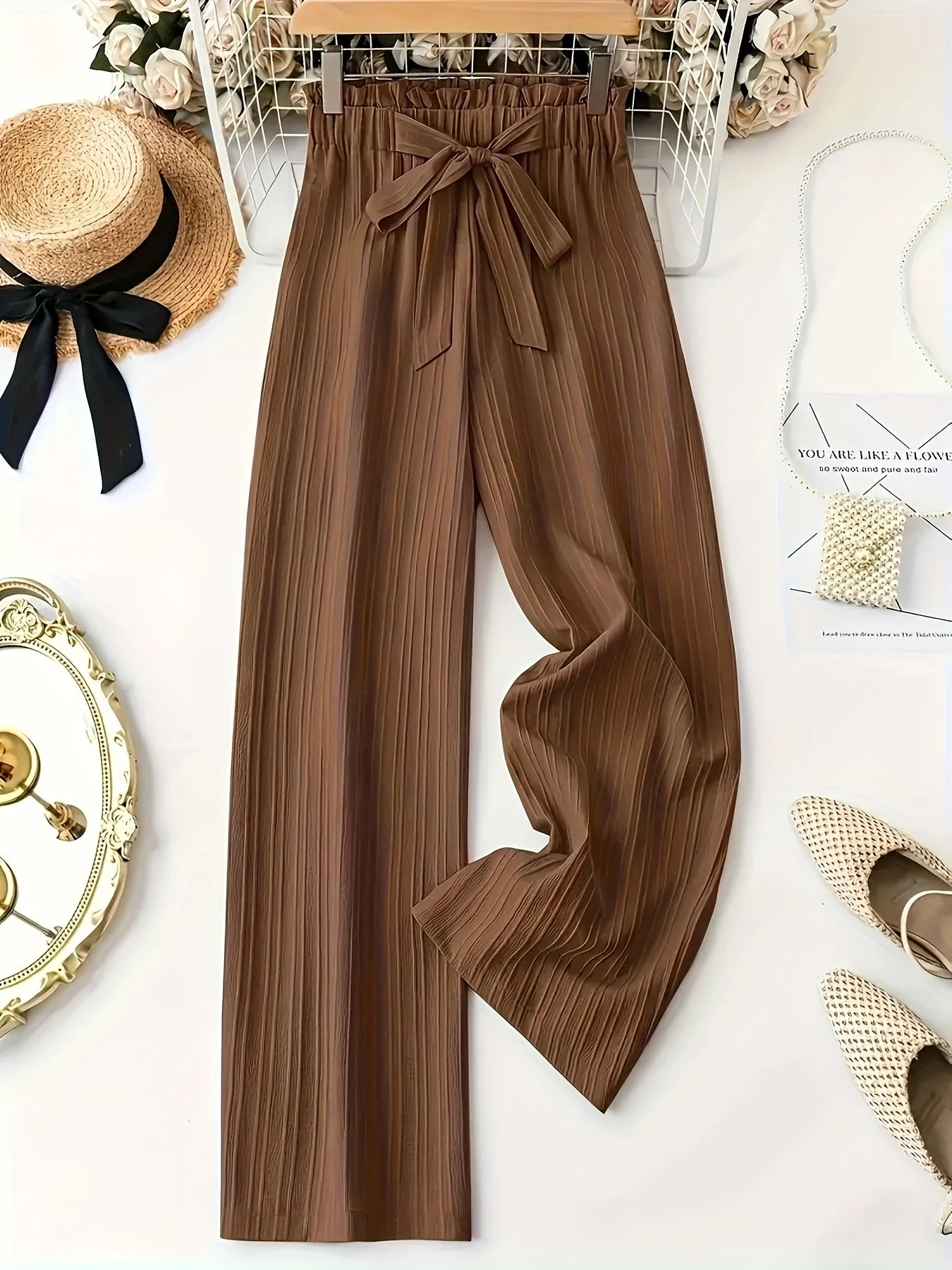 Pantalon large droit à taille élastique avec ceinture nœud pour femme, style élégant décontracté - Image 5