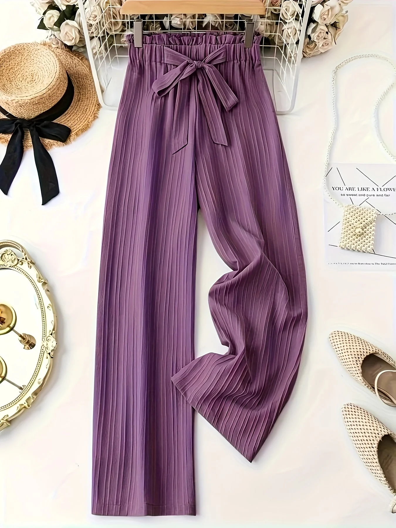 Pantalon large droit à taille élastique avec ceinture nœud pour femme, style élégant décontracté - Image 6